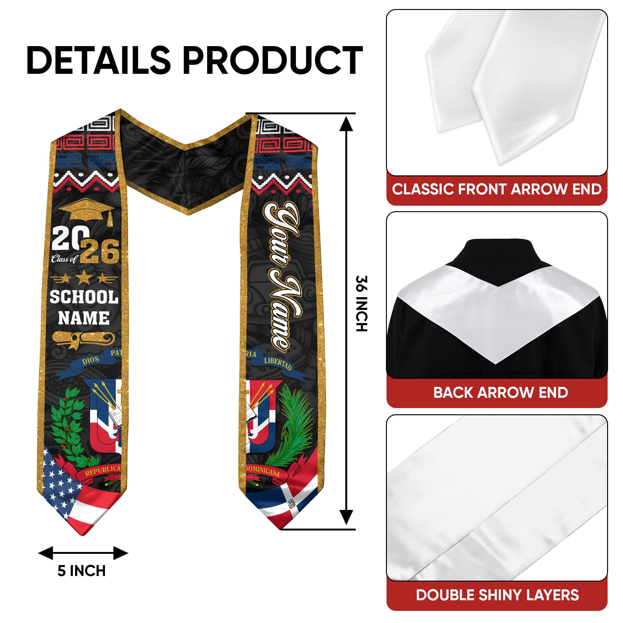 Custom Dominicans Graduation Stole Class of 2026 Dominican USA Flag Tribal Pattern