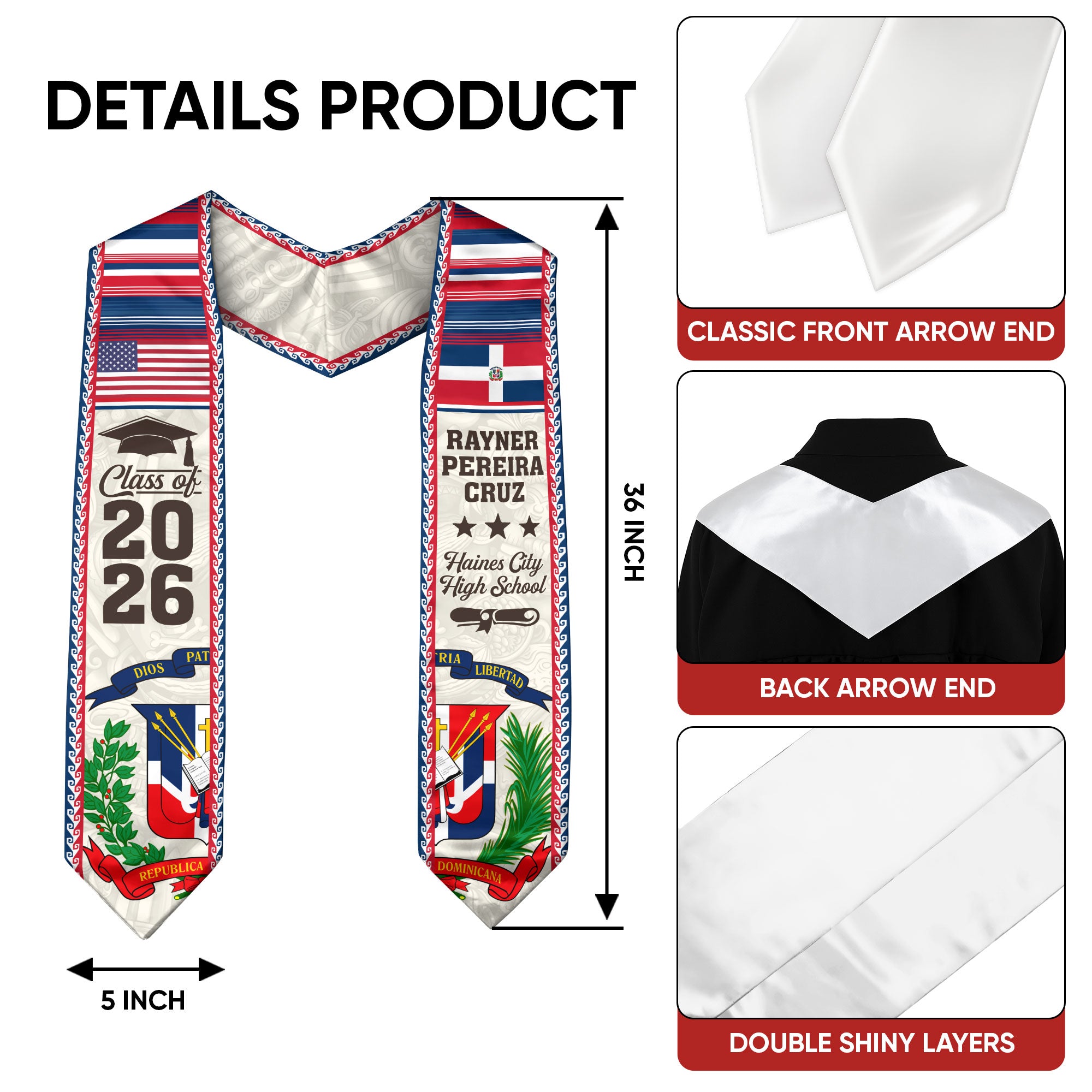 Dominicans Graduation Stole Class of 2026 Custom Sash USA Dominican Flag Coat of Arms