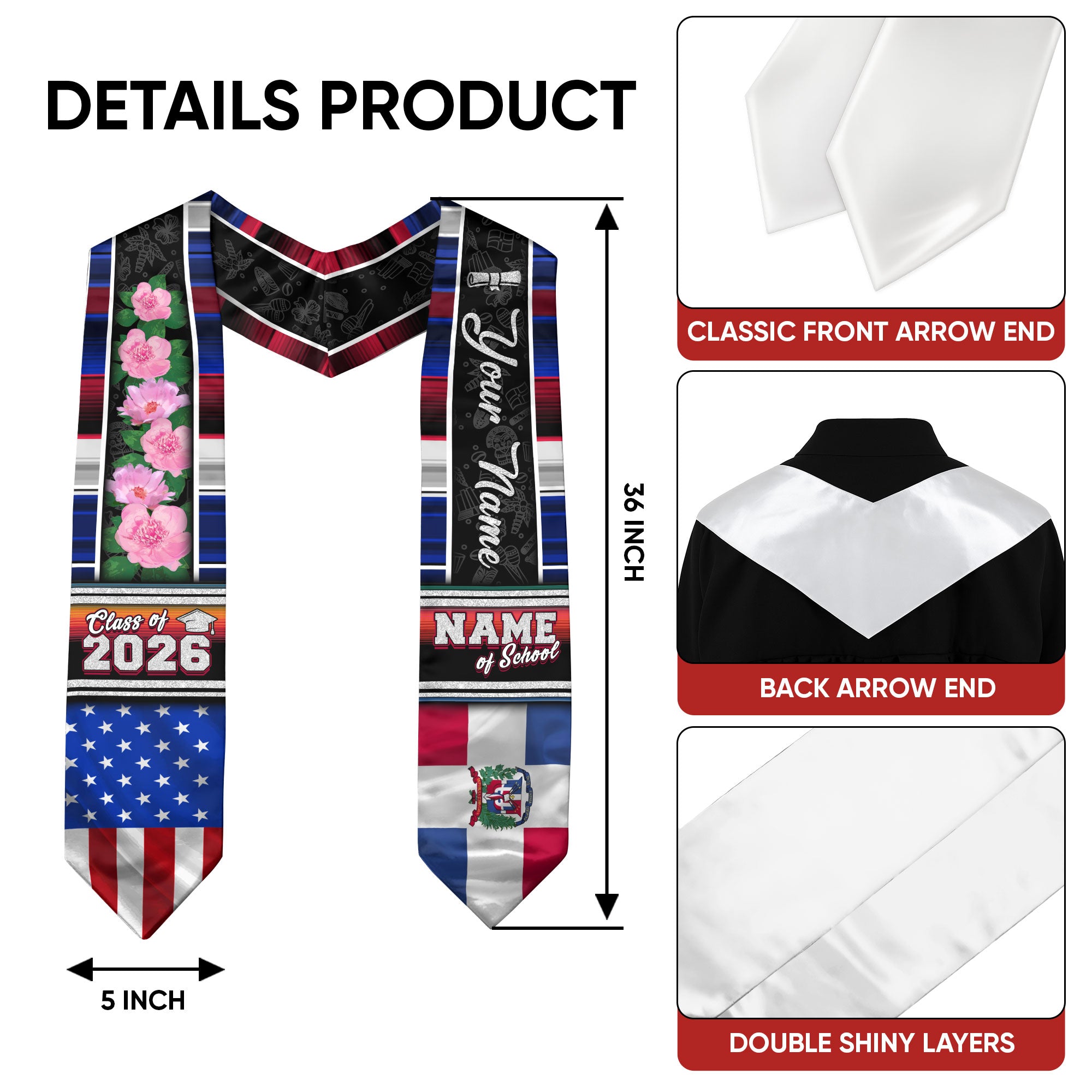 Custom Dominicans Graduation Stole Class of 2026 Dominican American Flag Personalized Sash