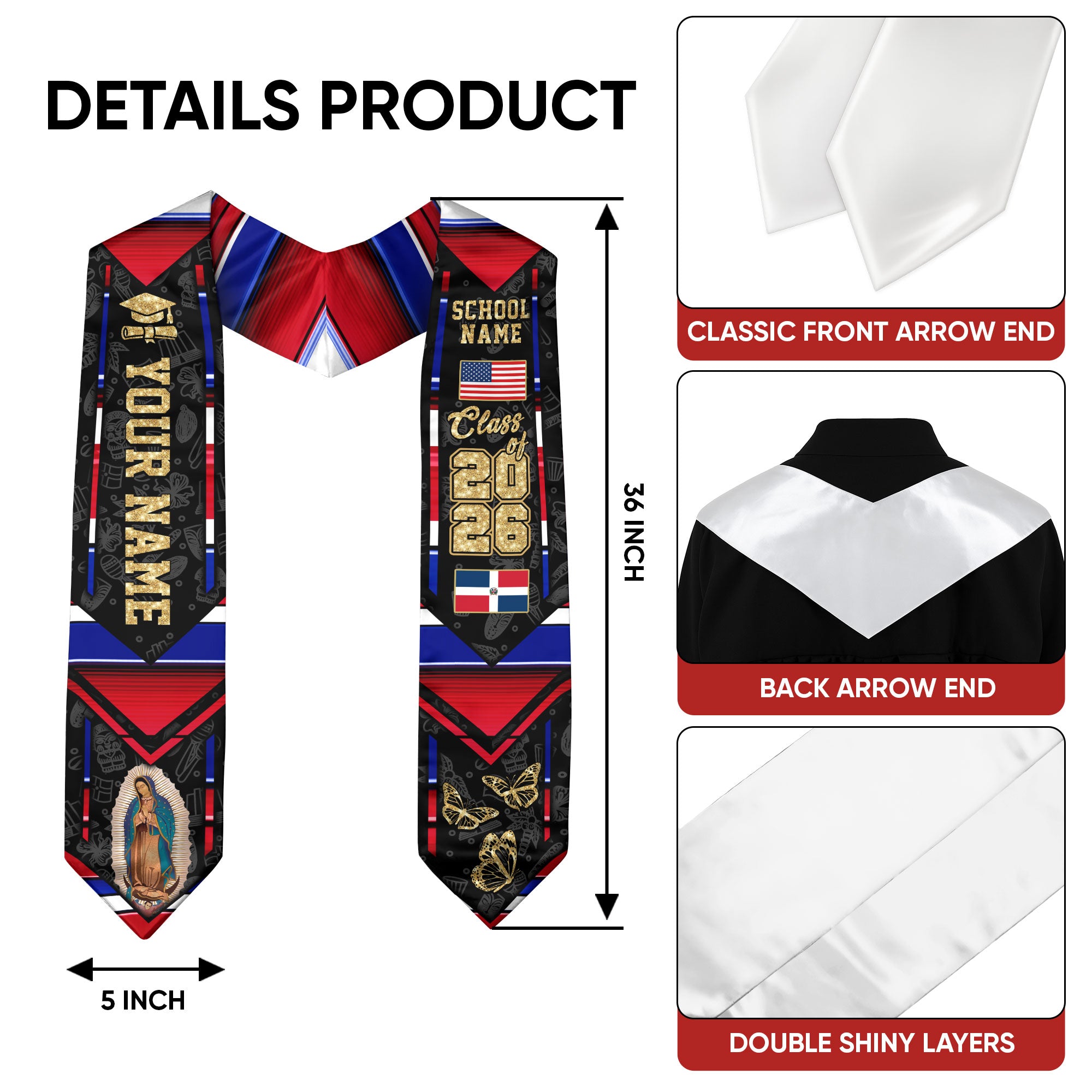 Dominican USA Flag Graduation Stole Class of 2026 Custom Dominicans Sash Virgin Mary Butterfly