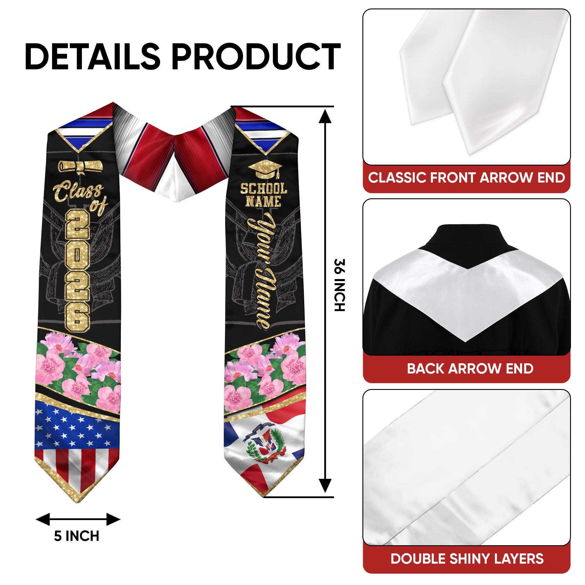 Class of 2026 Dominicans Graduation Stole Custom Dominican USA Flag Peony Floral Design