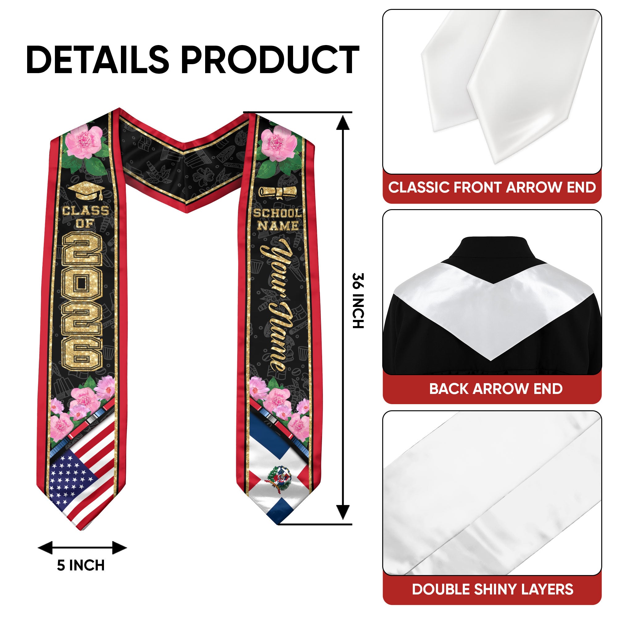Personalized Dominicans Graduation Sash Class of 2026 Dominican USA Flag Peony Flower