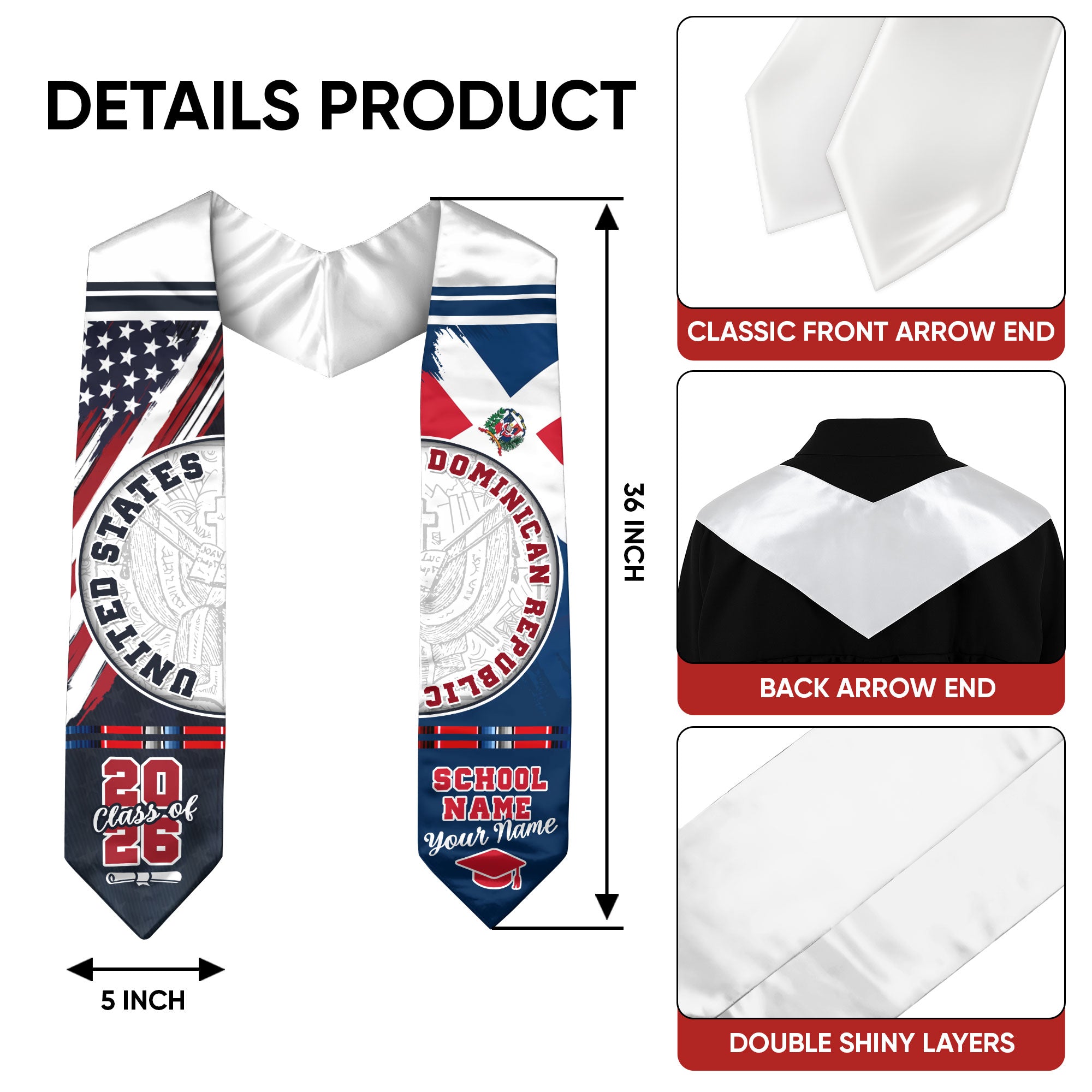 Dominican Republic Graduation Stole Class of 2026 Custom Dominicans Sash USA Flag Seal Pattern