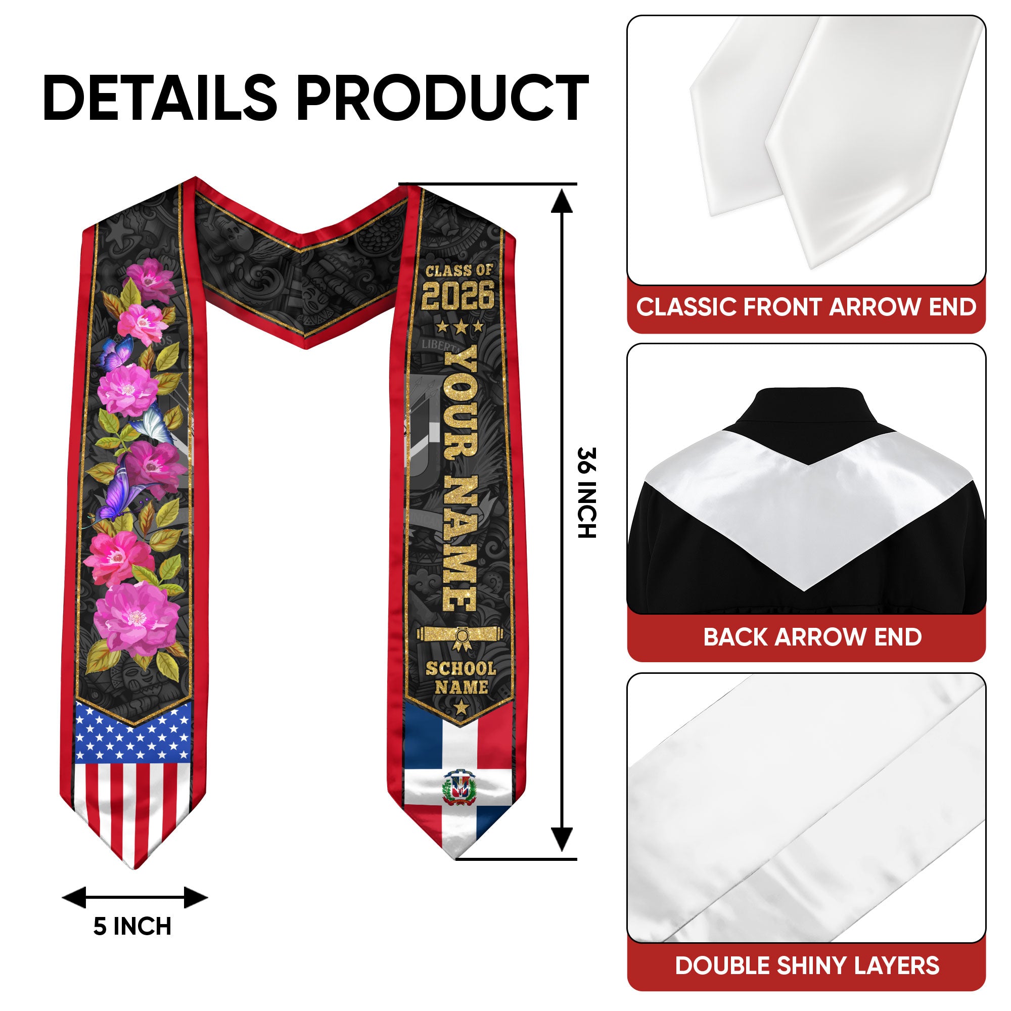 Custom Dominicana Graduation Sash, DR Floral Grad Stole Gift, Class of 2026 Senior Graduate