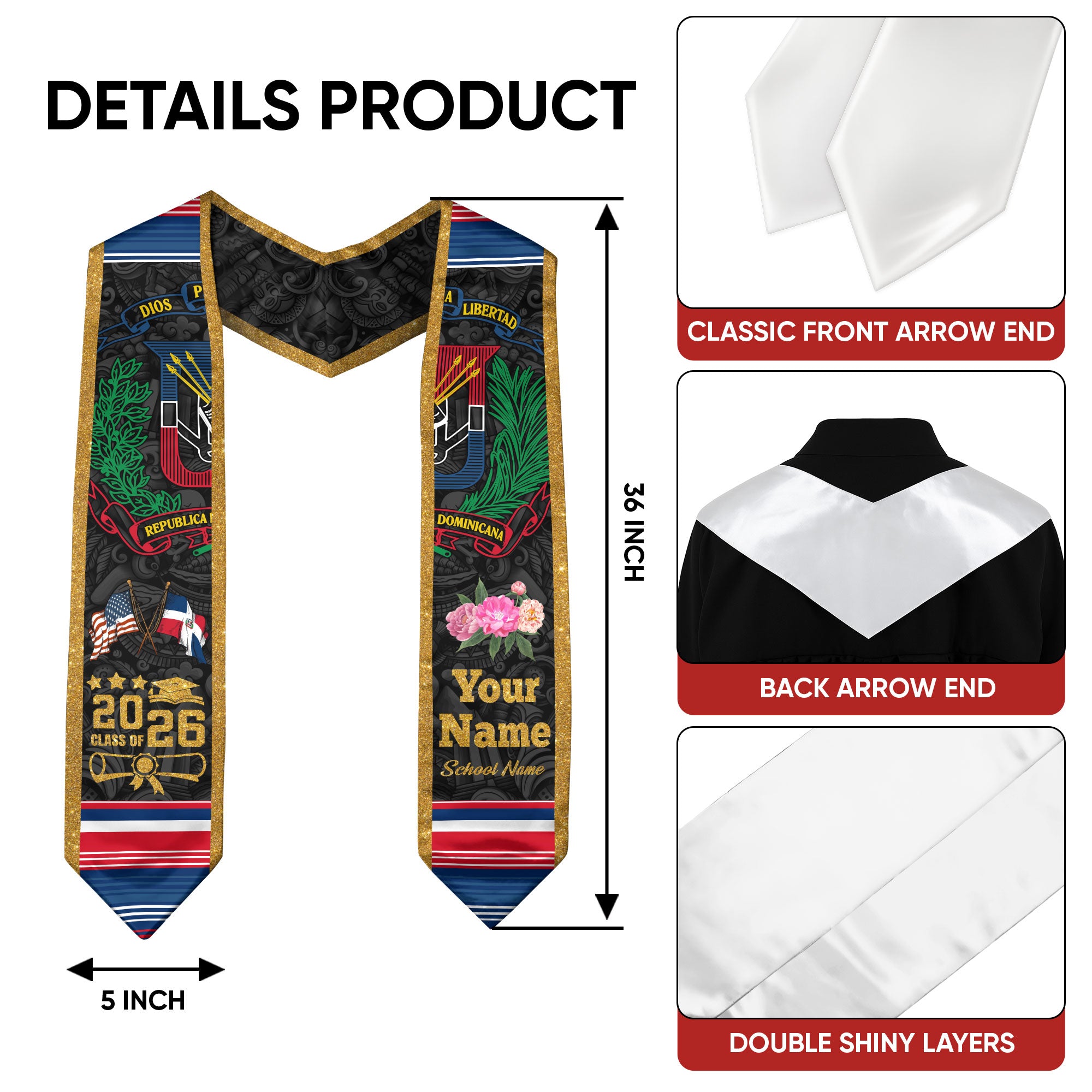 Custom Dominican American Graduation Stole, DR Floral Grad Sash, Class of 2026 Graduate Gift