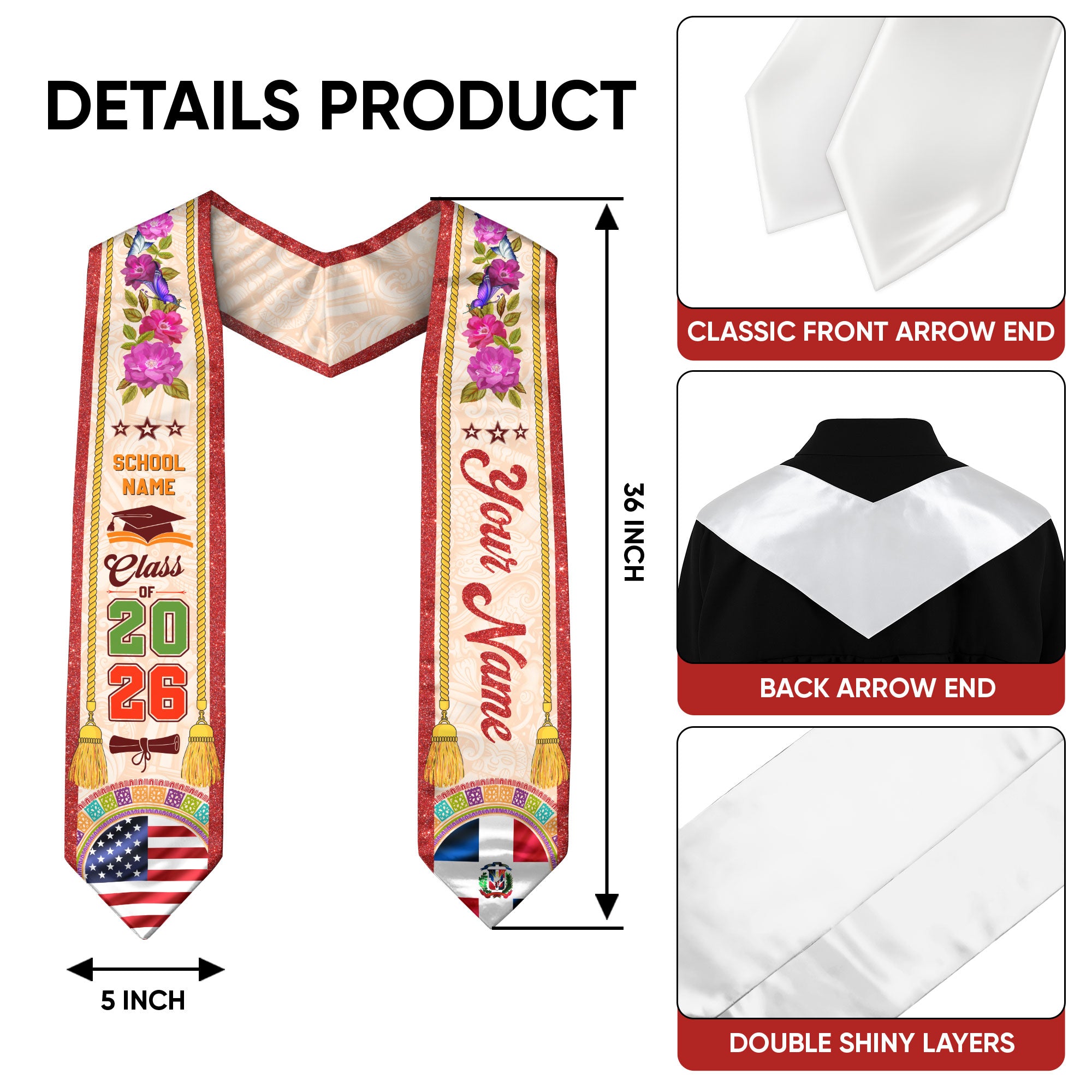 Personalized Dominicana Floral Stole, DR Grad Sash Graduation Gift, Class of 2026 Senior