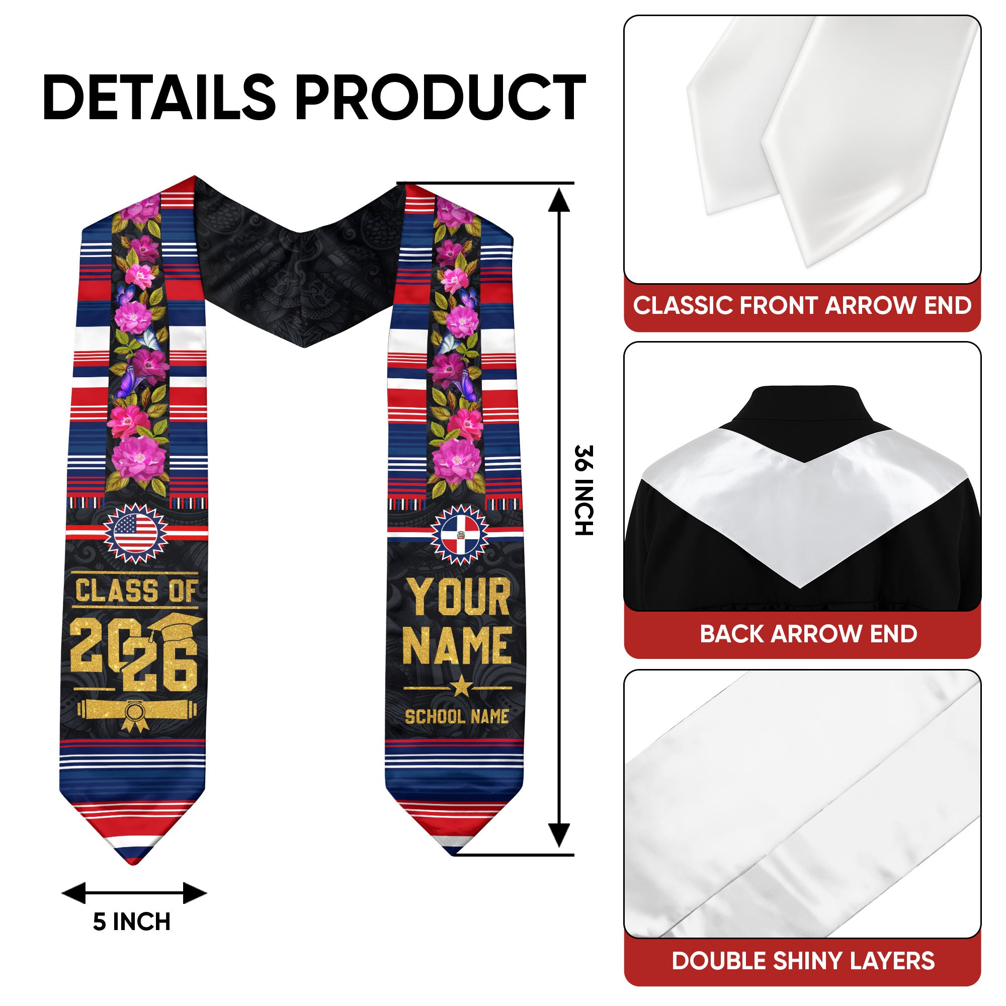Dominican Flag Graduation Sash, Custom Floral Grad Stole , Class of 2026 Dominican Graduate