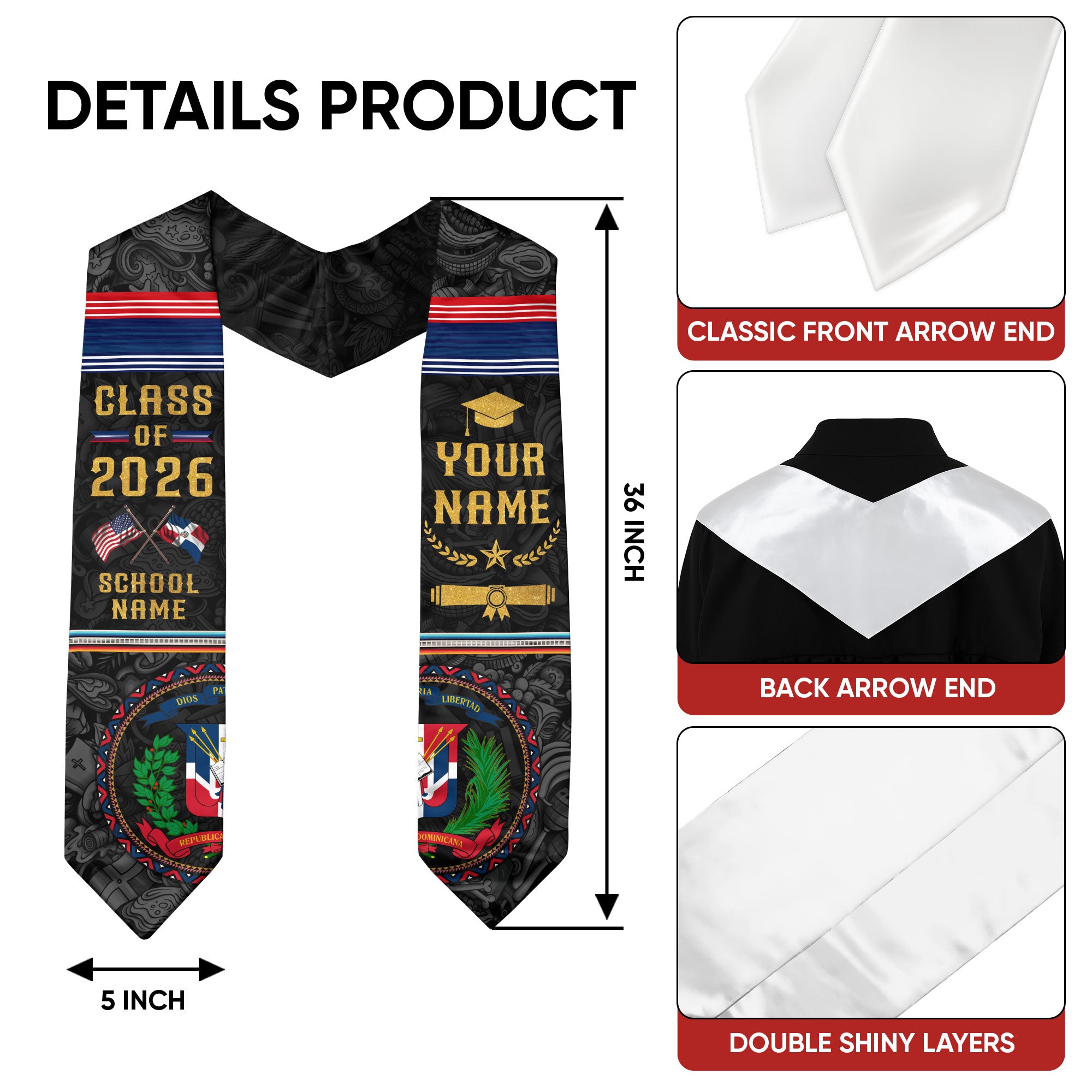 Custom Dominican Flag Stole, DR Graduation Sash, Class of 2026 Senior Grad Gift
