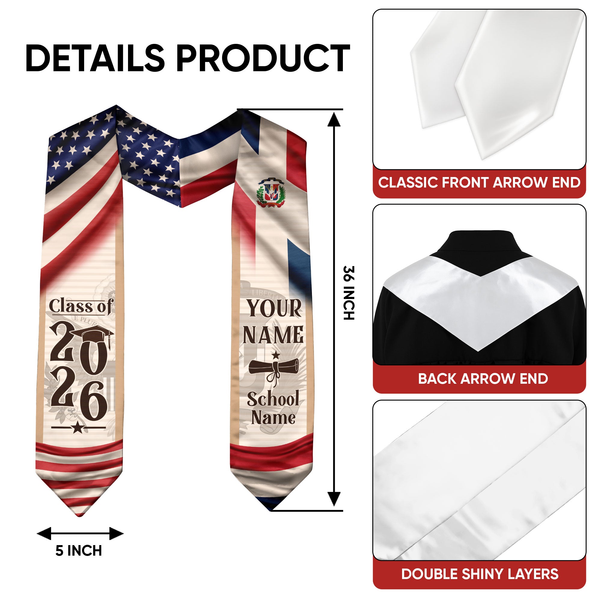 Dominican American Flag Graduation Stole, Custom DR Grad Sash Gift, Class of 2026 Dominican Graduate