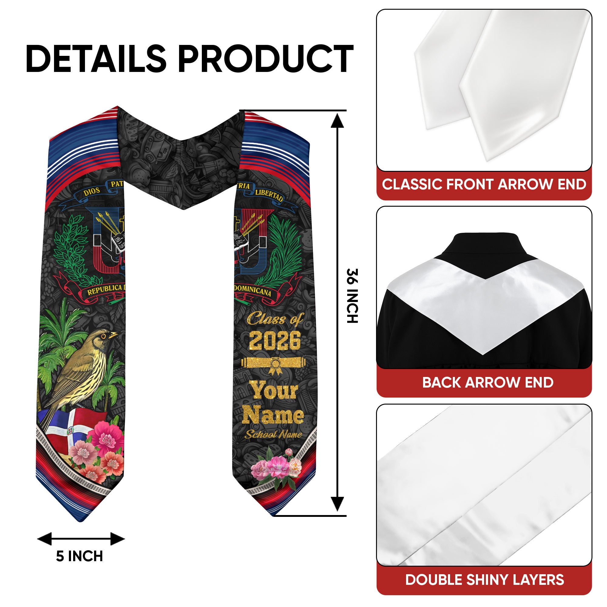 Custom Dominican Graduation Grad Sash Floral Stole, Class of 2026 Dominican Graduate