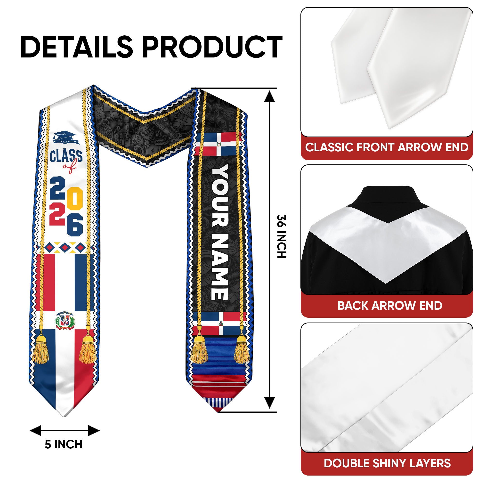 Personalized Dominicana Graduation Stole, DR Flag Grad Sash, Class of 2026 Dominican Graduate