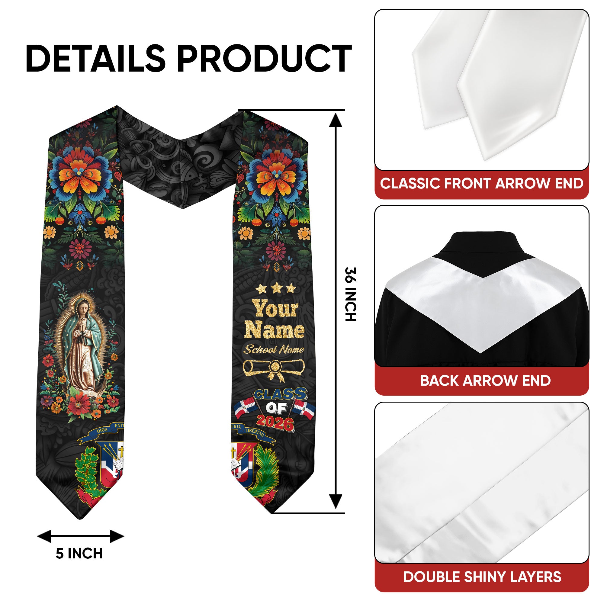 Dominican Grad Sash, DR Floral Stole Graduation Gift, Class of 2026 Senior Graduate