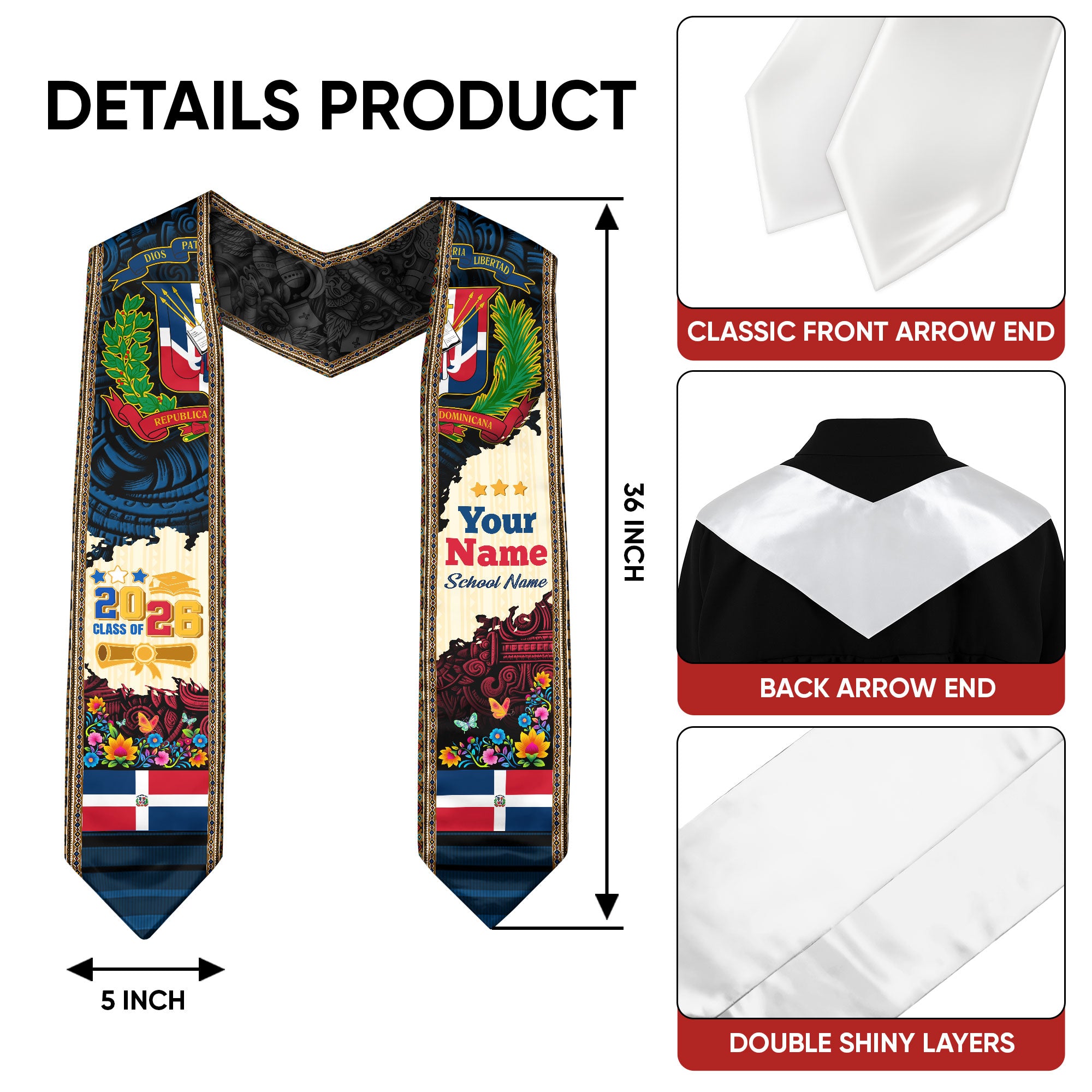 Custom Dominican Floral Stole, DR Grad Sash Graduation, Class of 2026 Dominican Graduate