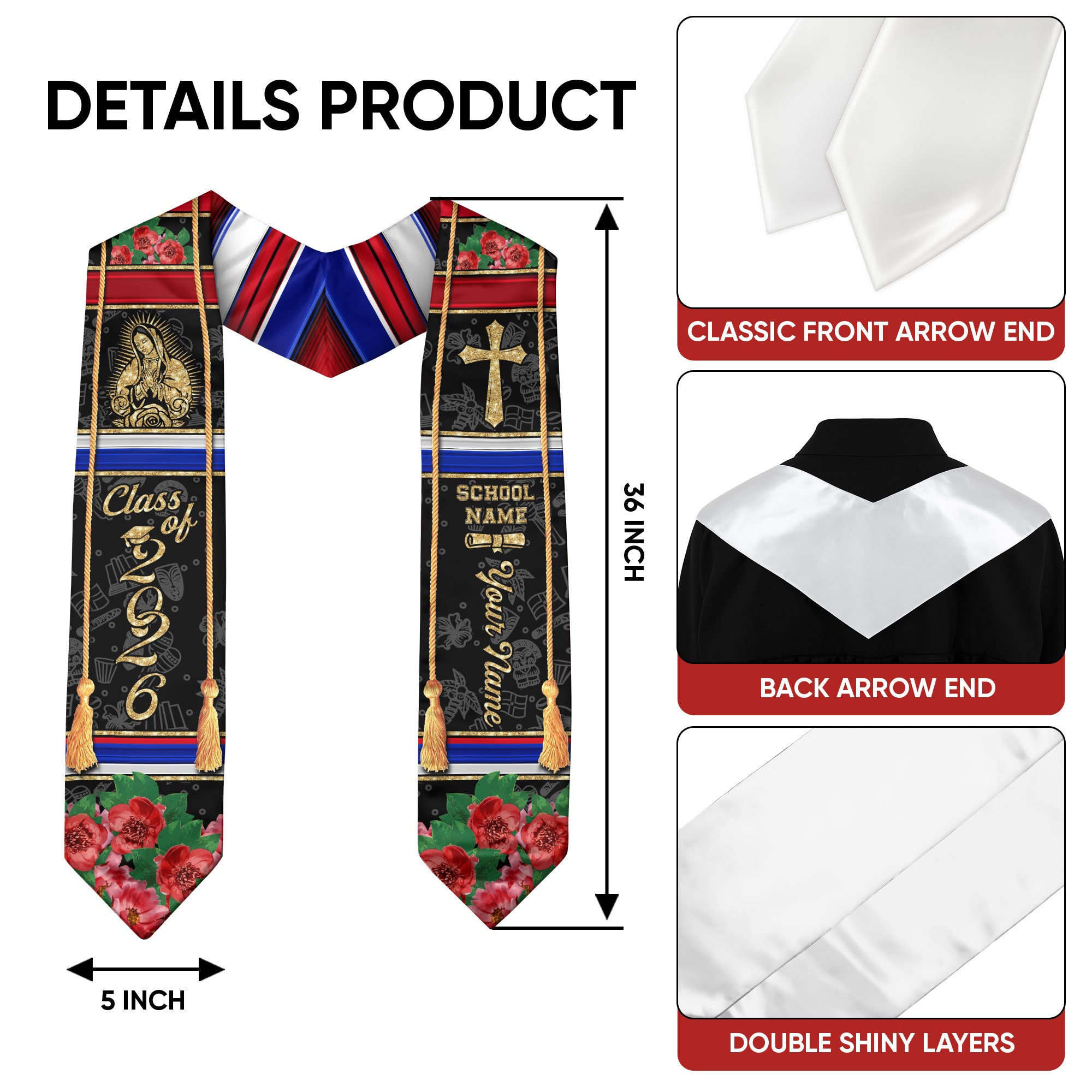 Personalized Dominicana Floral Stole Grad Sash Graduation Gift, Class of 2026 Dominican Graduate
