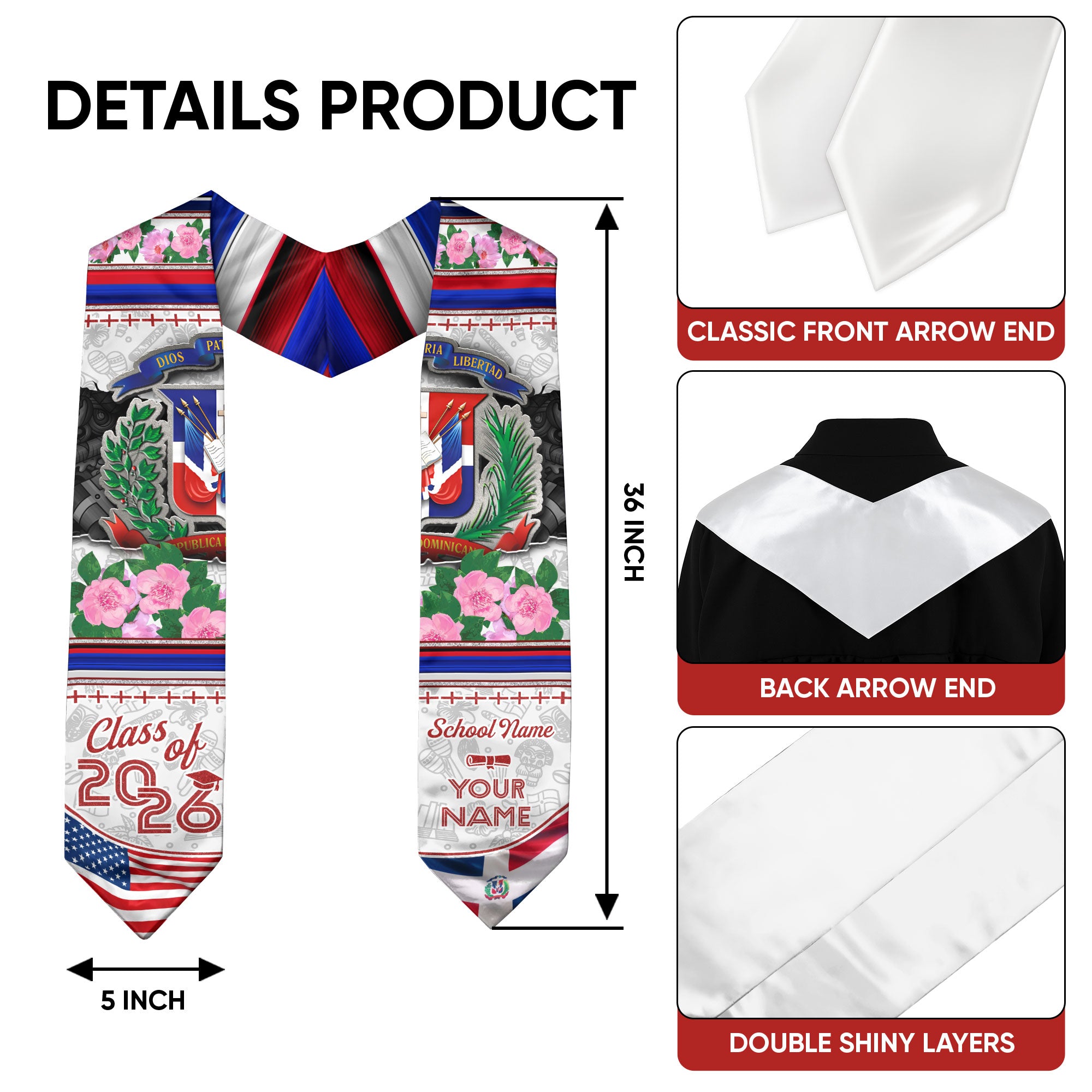 Custom Dominican Floral Stole Graduation Grad Sash, Class of 2026 Graduate Senior Gift
