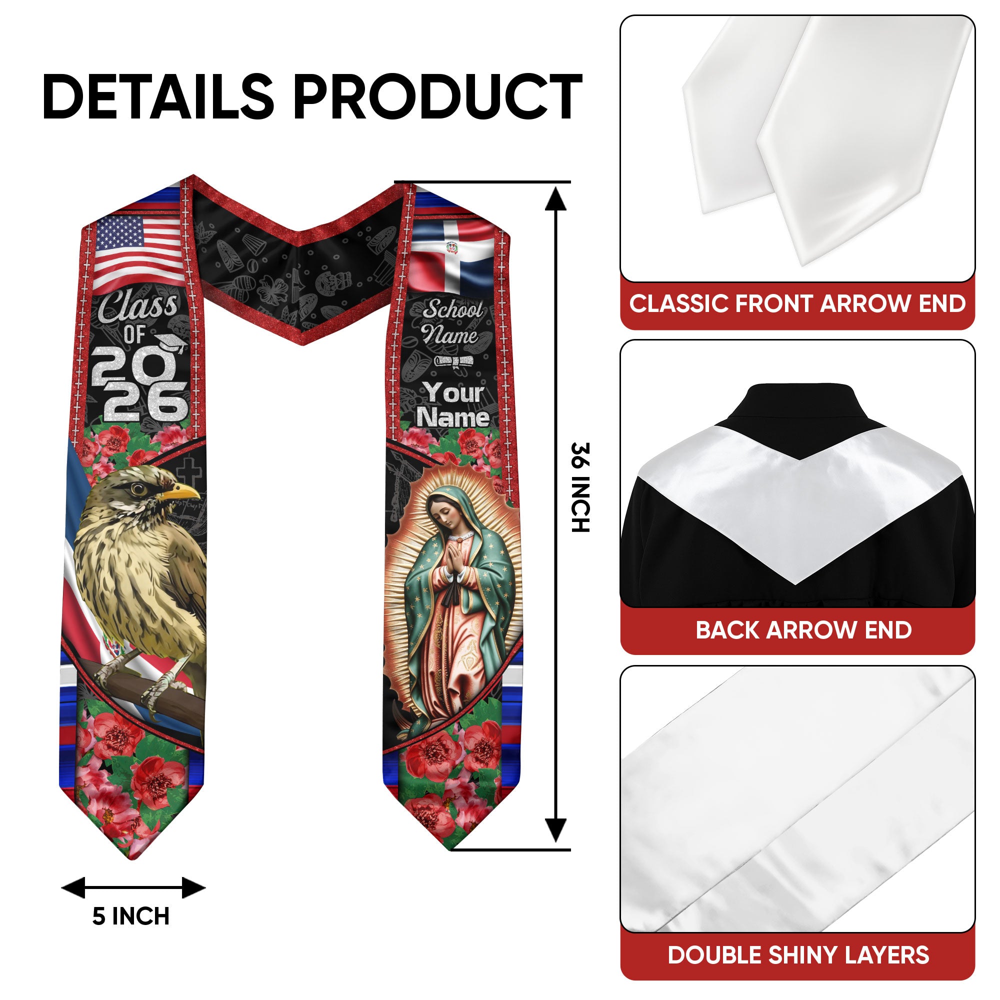 Dominicana Graduation Floral Stole Custom Grad Sash, Class of 2026 Dominican Graduate Gift