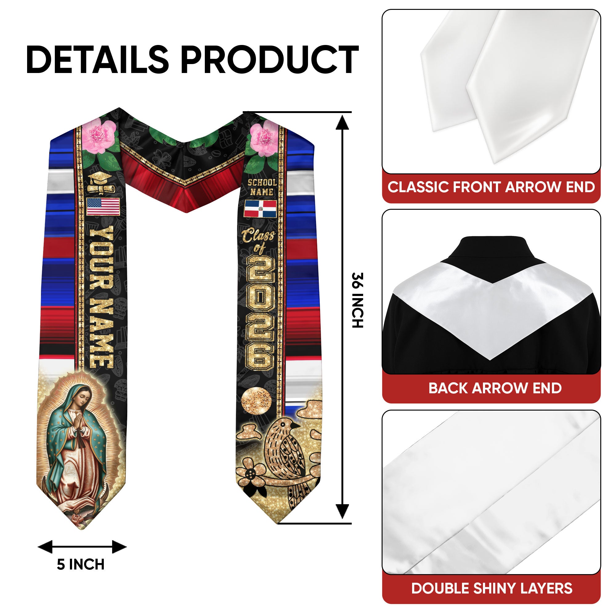 Custom Dominican Grad Sash Floral Stole Graduation, Class of 2026 Graduate Senior Gift