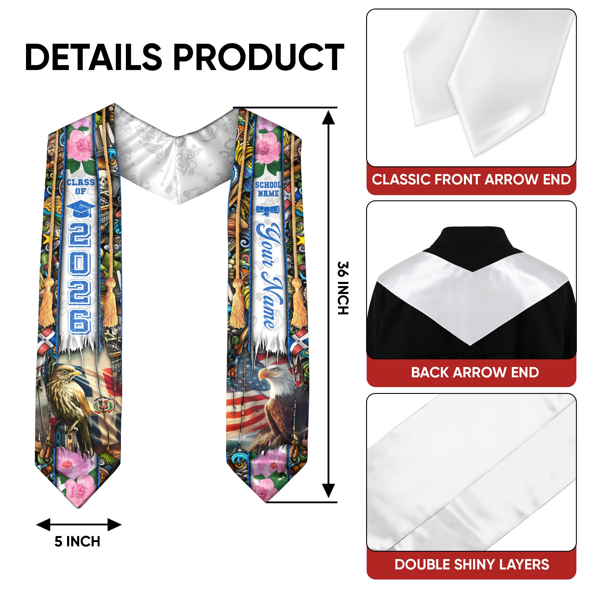Personalized Dominicana Graduation Grad Sash Floral Stole, Class of 2026 Dominican Graduate