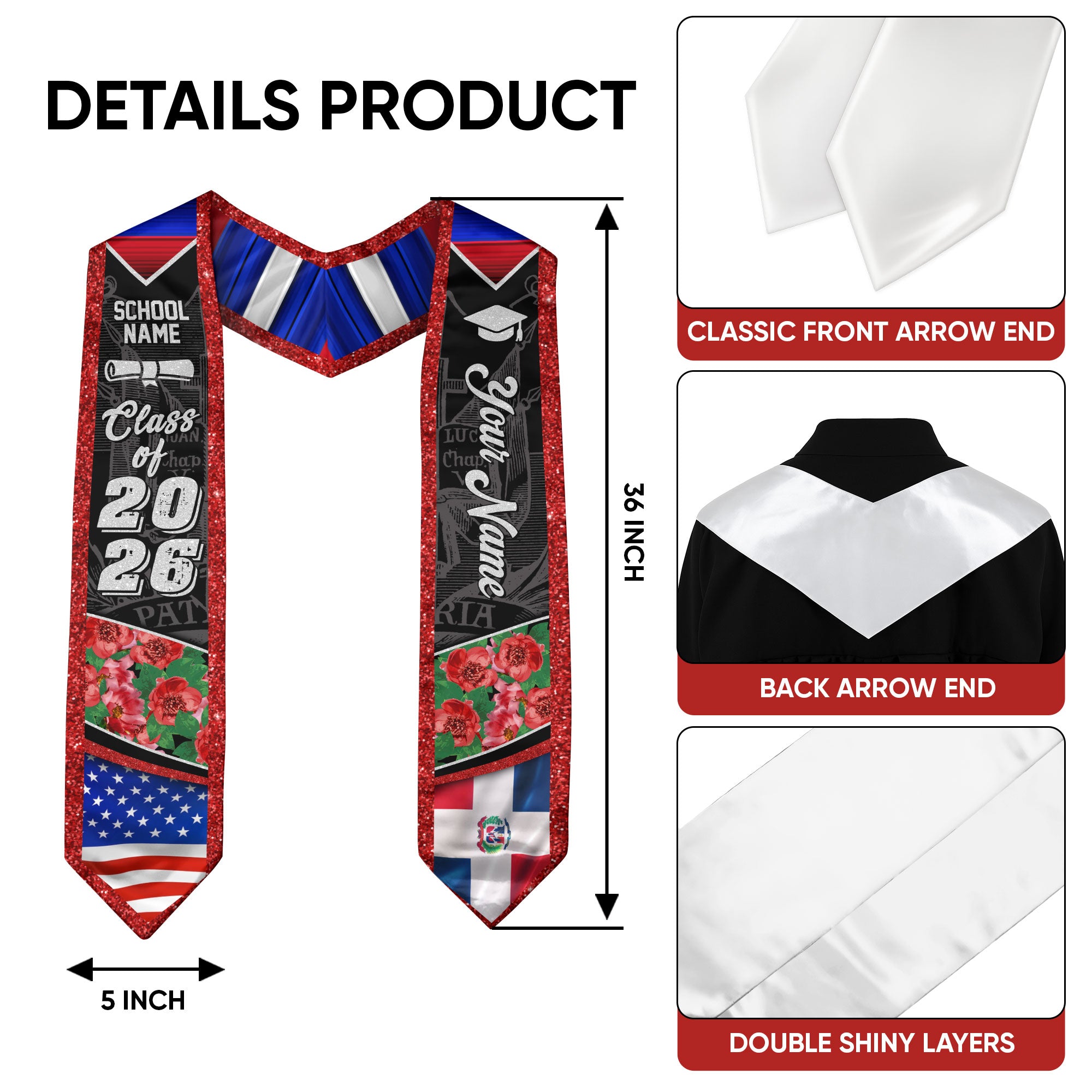 Dominican Floral Stole Graduation Grad Sash Custom, Class of 2026 Graduate Senior Gift