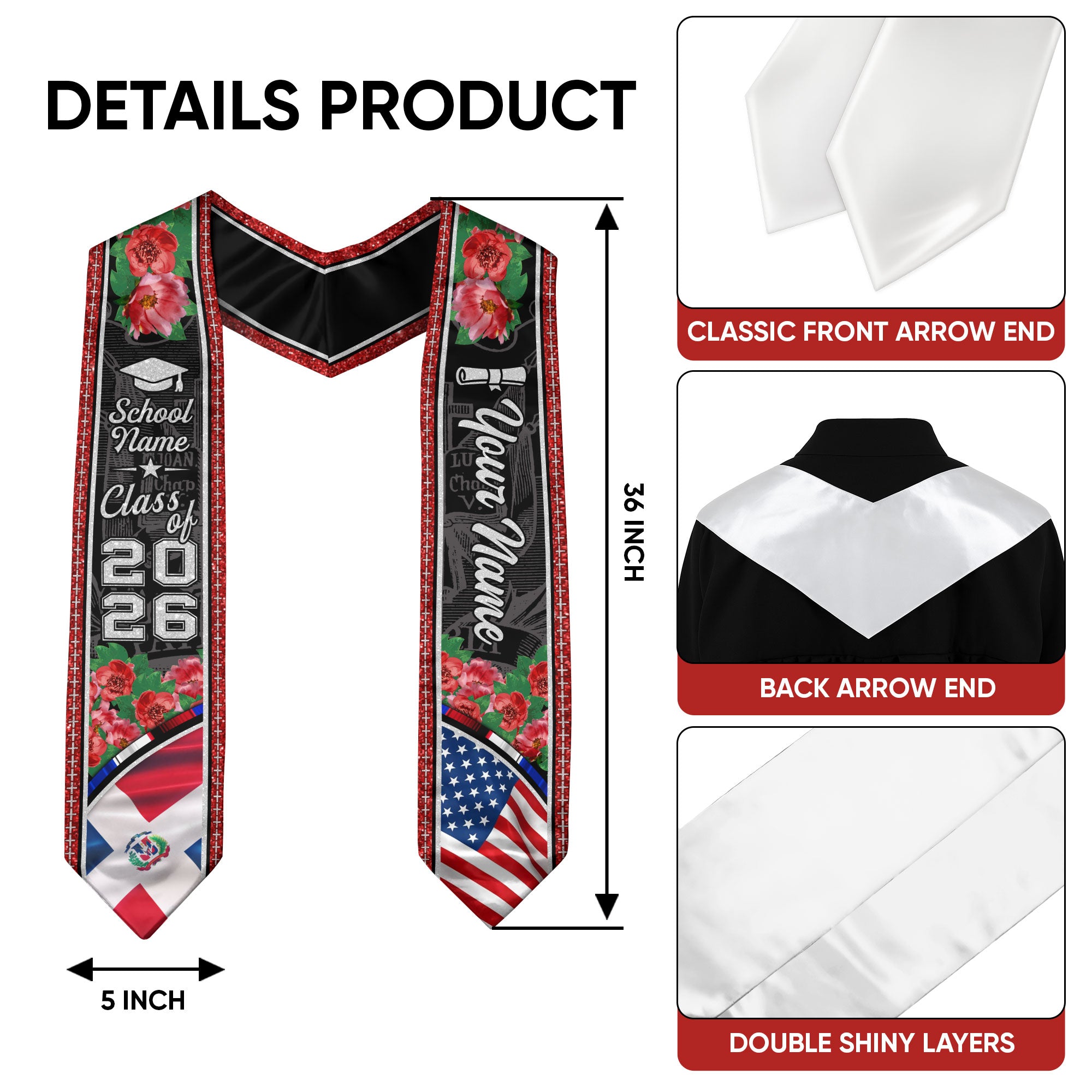 Personalized Dominican American Graduation Floral Stole Grad Sash, Class of 2026 Senior Gift