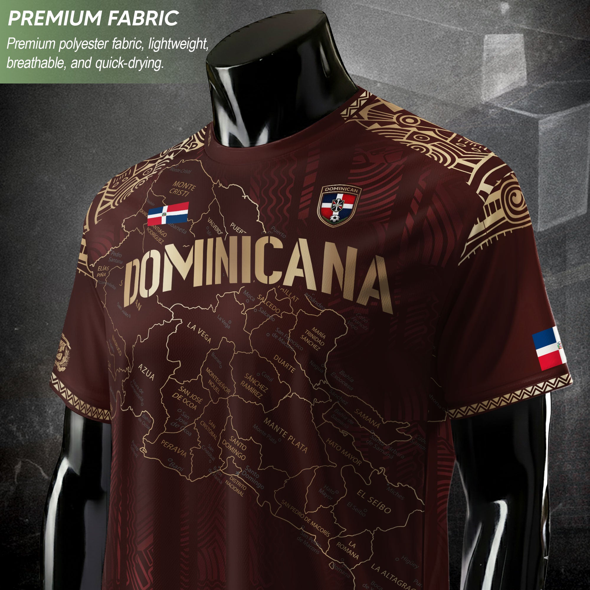 Dominican Cultural Heritage Soccer Jersey Maroon Gold, National Pride Football Collection