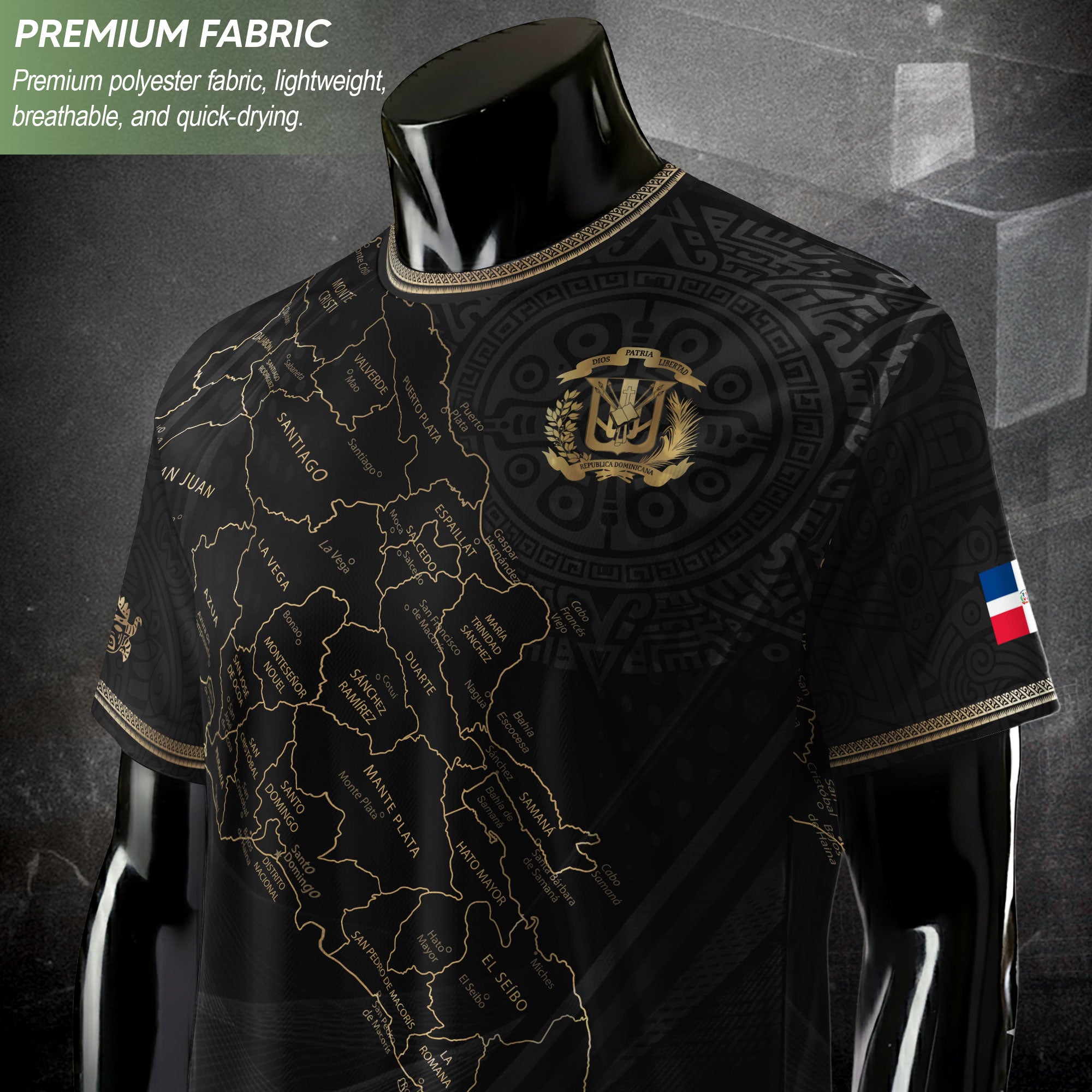 Dominican National Pride Soccer Jersey Black Gold, Cultural Heritage Apparel