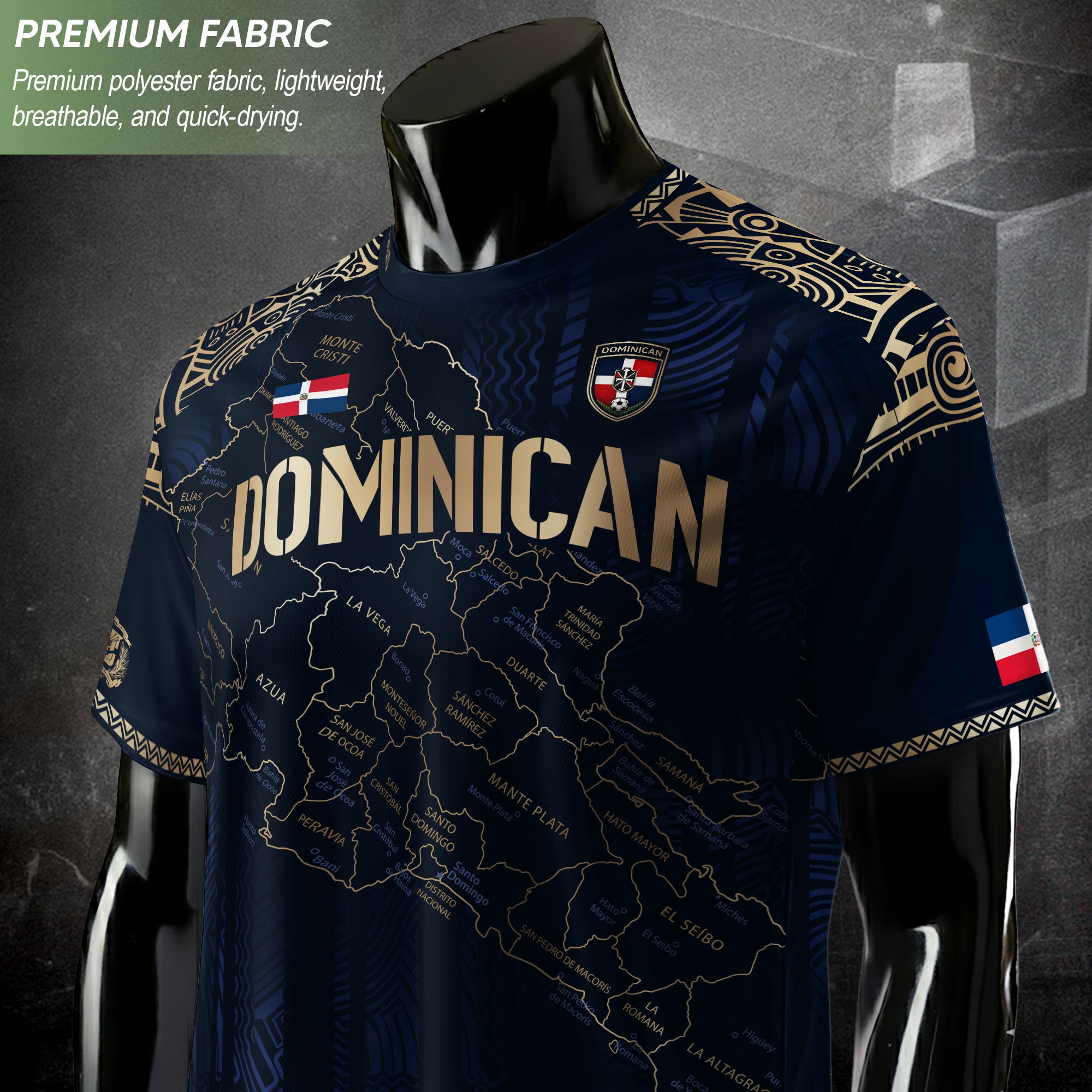 Dominican Republic Map Soccer Jersey Navy Gold, Taino Cultural Heritage Caribbean Pride Shirt