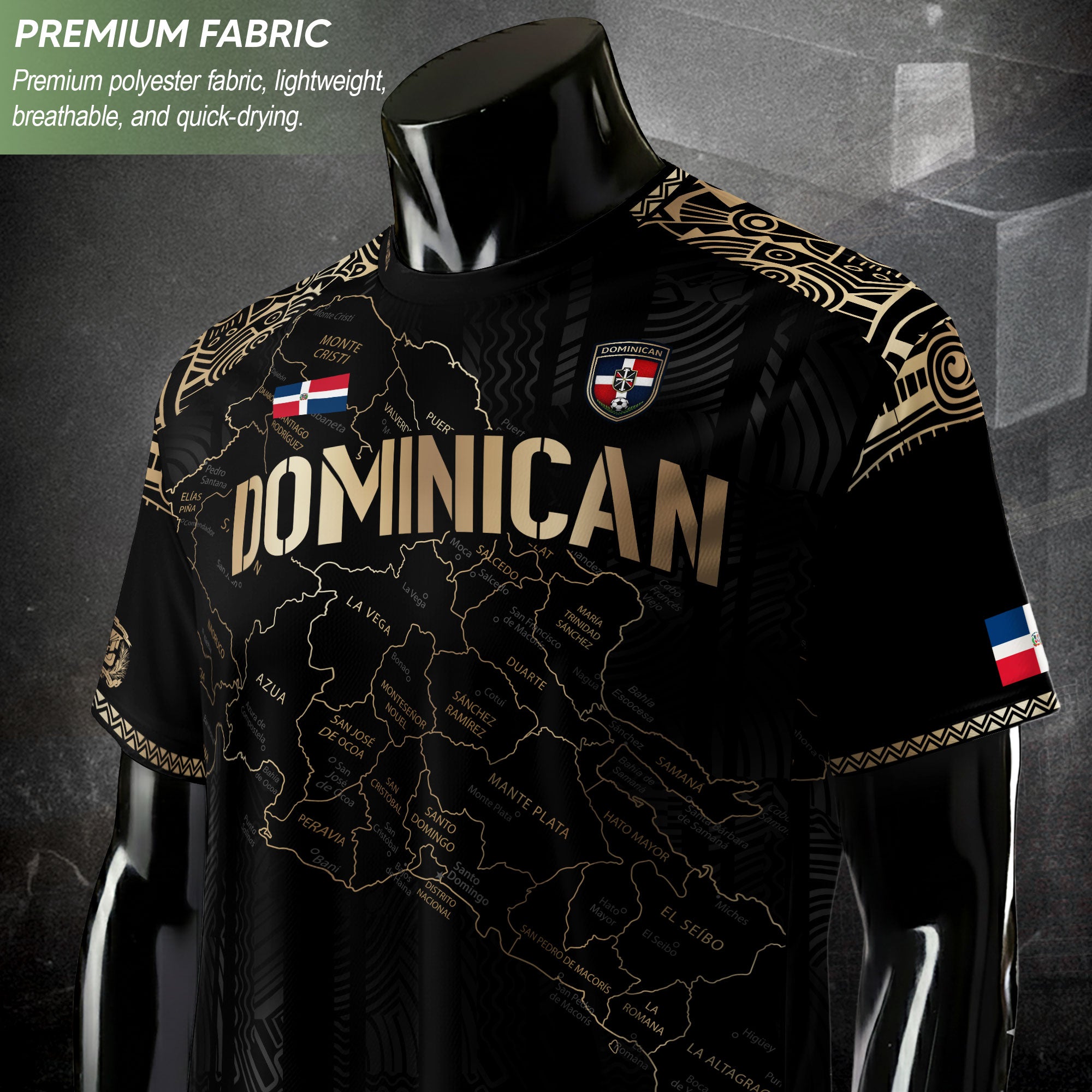 Dominican Heritage Soccer Jersey with Island Map Black Gold, Taino Inspired National Pride Shirt
