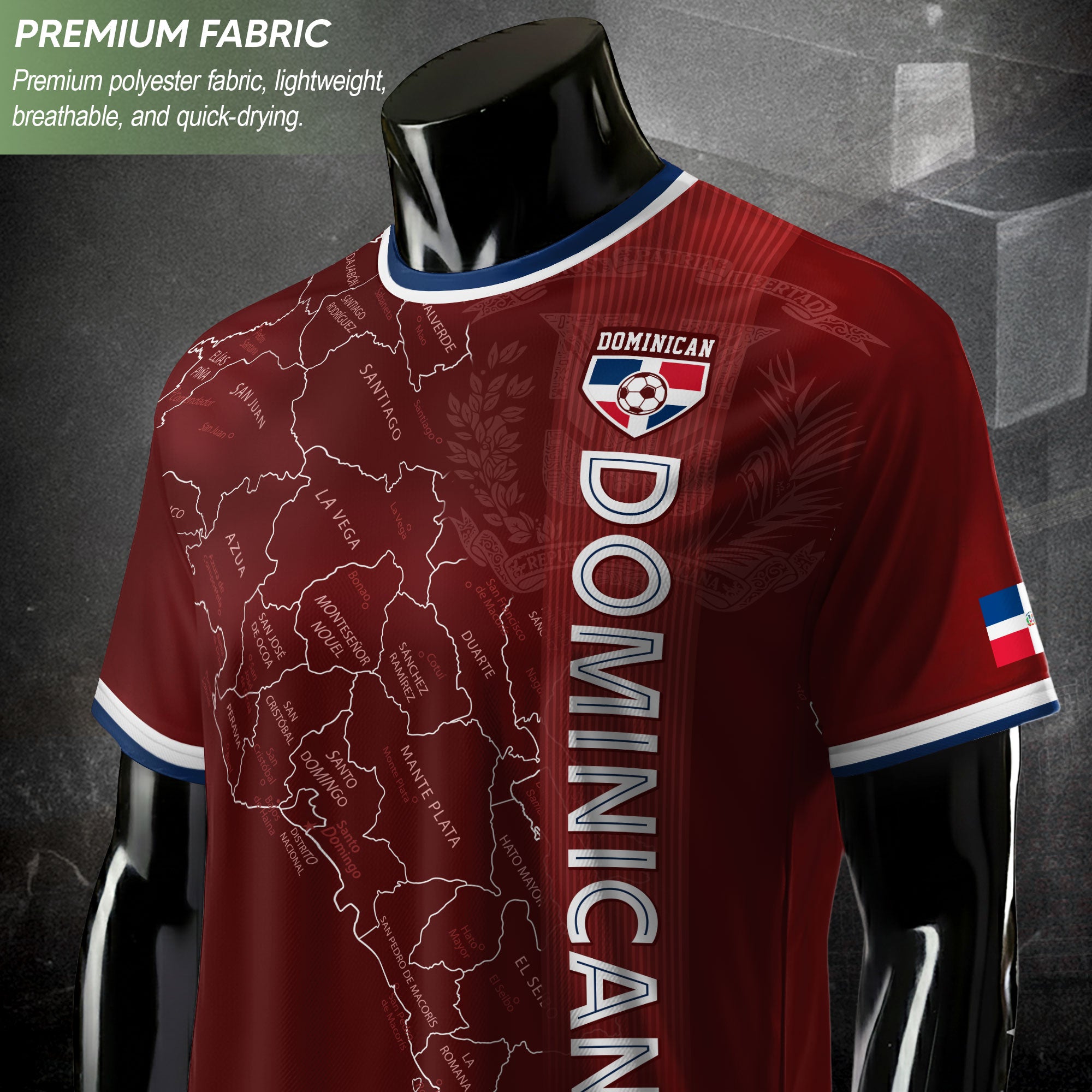 Dominican Republic Soccer Jersey Maroon White Blue, Taino Map Design Caribbean Cultural Shirt
