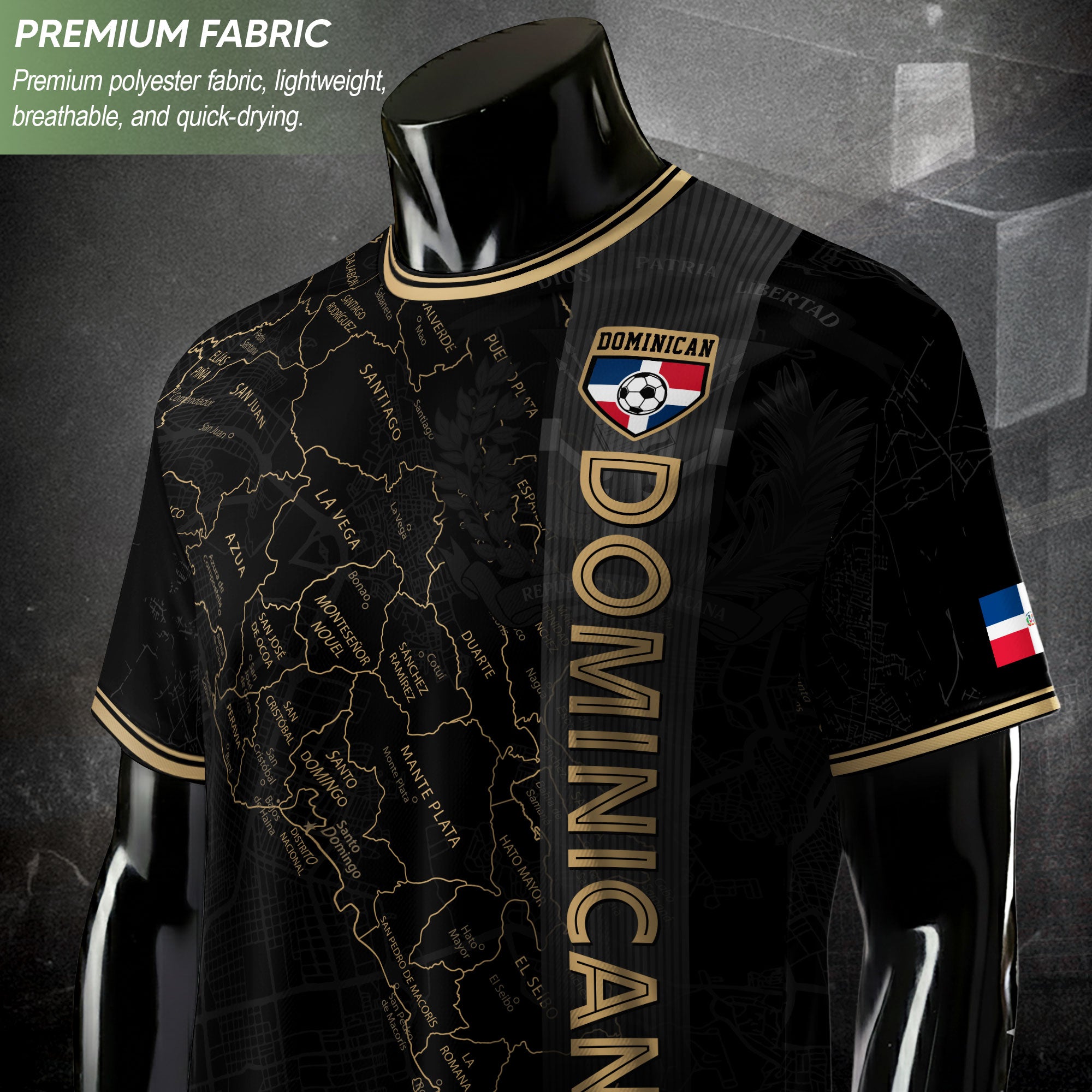 Dominican National Pride Soccer Jersey Black Gold, Taino Heritage Map Design Shirt