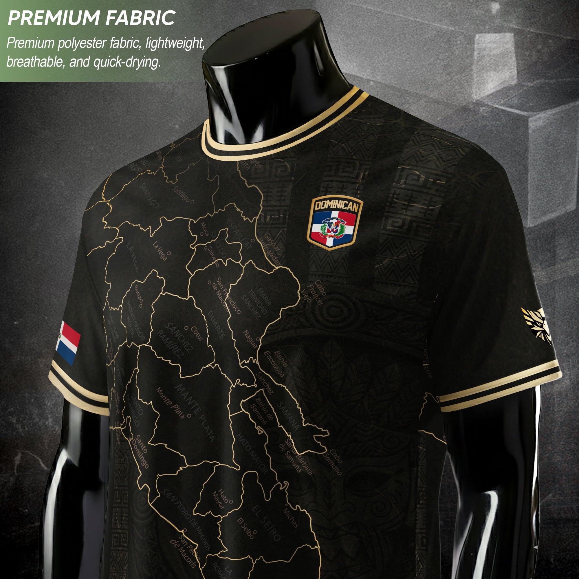 Dominican National Identity Soccer Jersey Black Gold, Heritage Pride Apparel