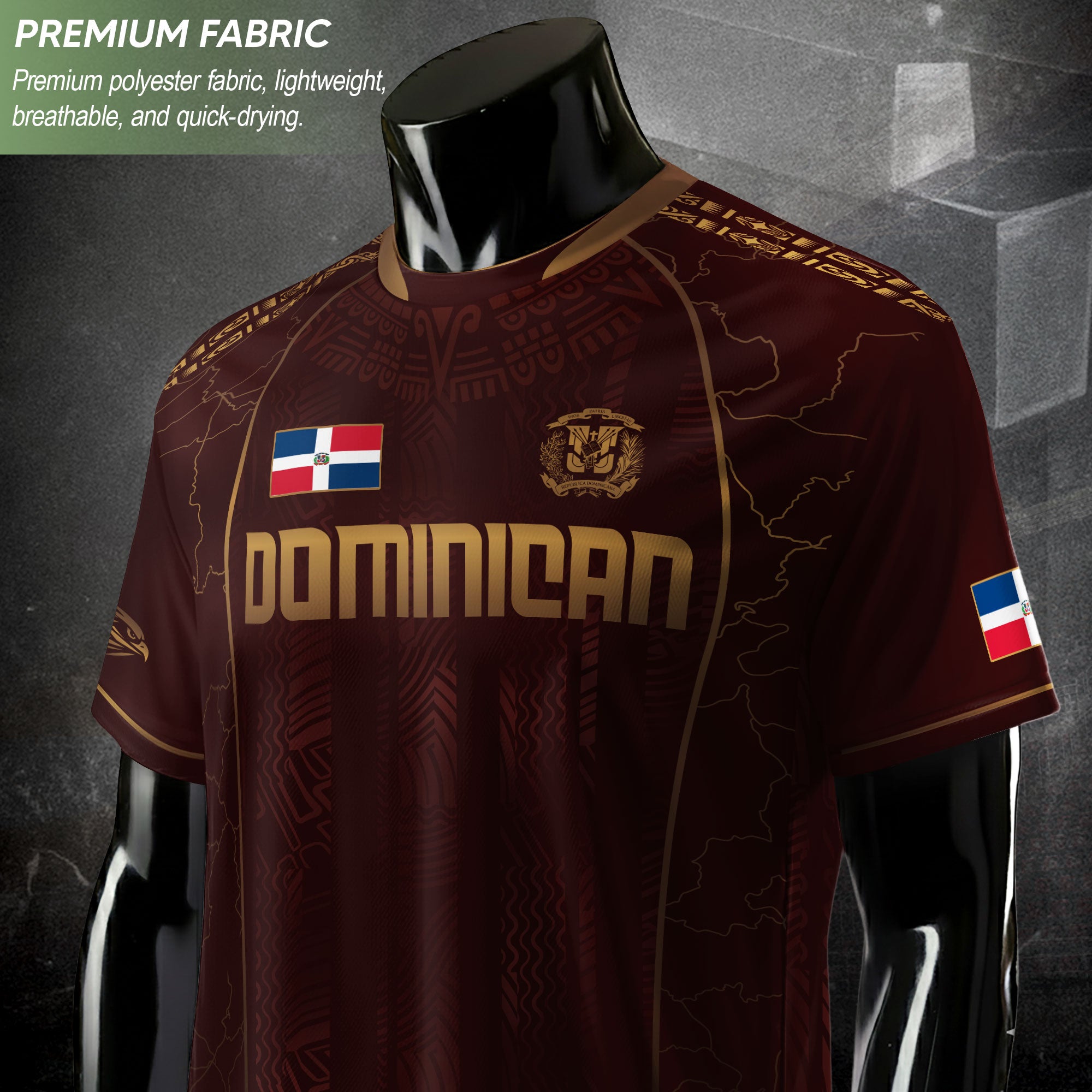 Dominican Republic Heritage Maroon Gold Geometric National Soccer Jersey