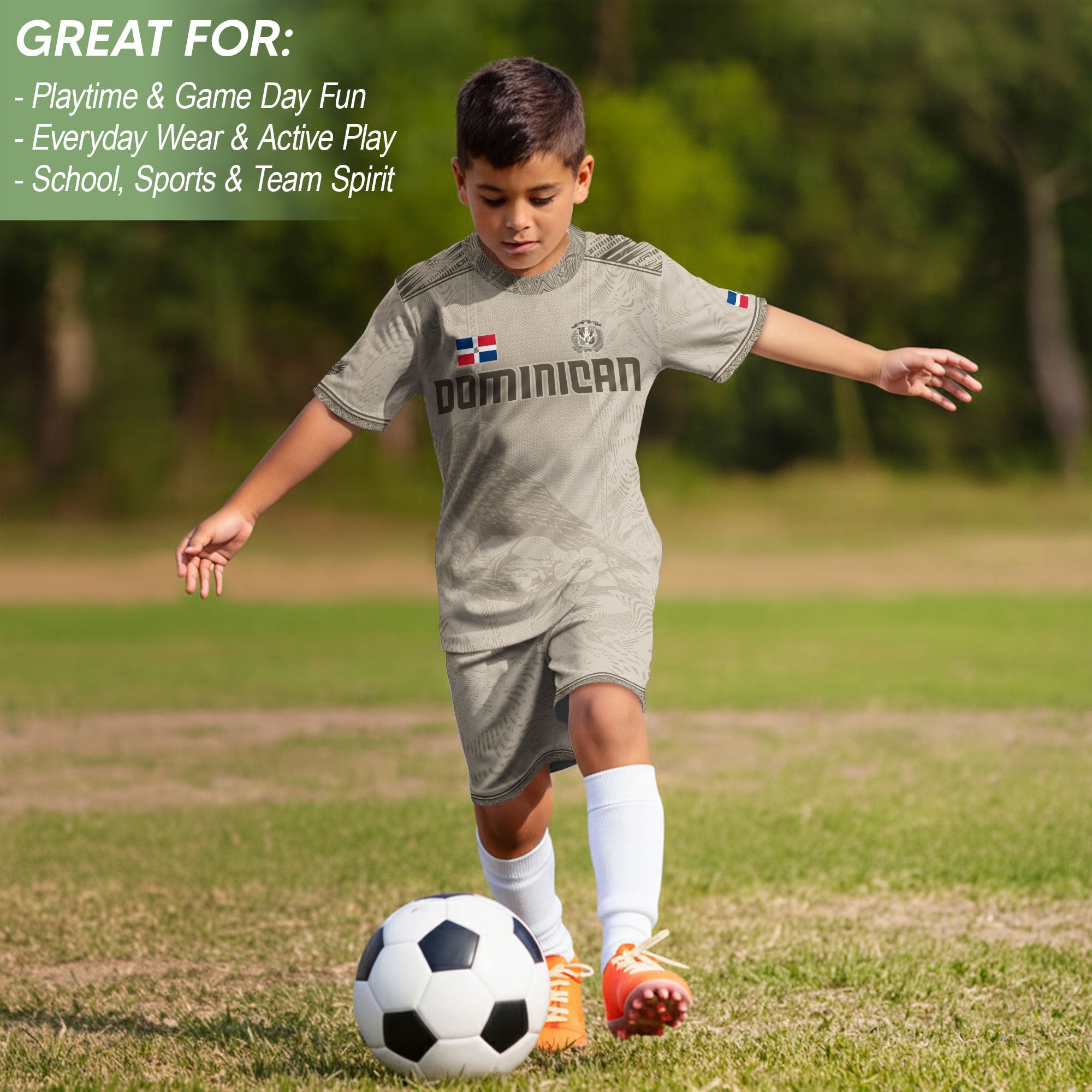 Dominican Cultural Pride Soccer Jersey Beige for Kids Youth, Heritage-Inspired Apparel