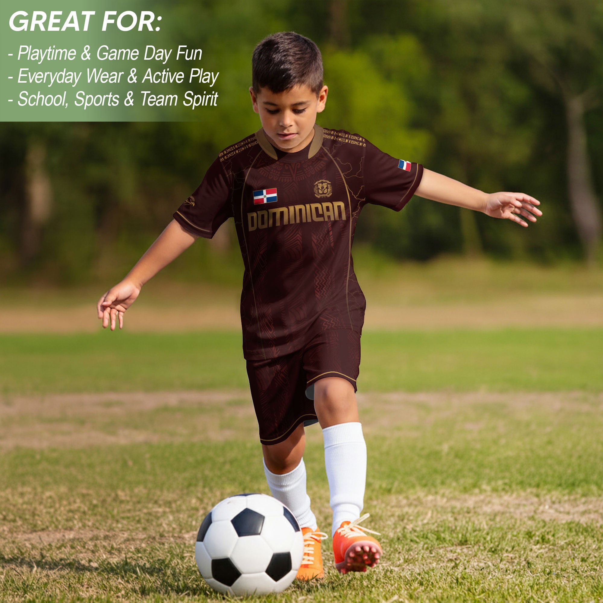 Dominican National Heritage Soccer Jersey Maroon Gold for Kids Youth, Cultural Pride Edition