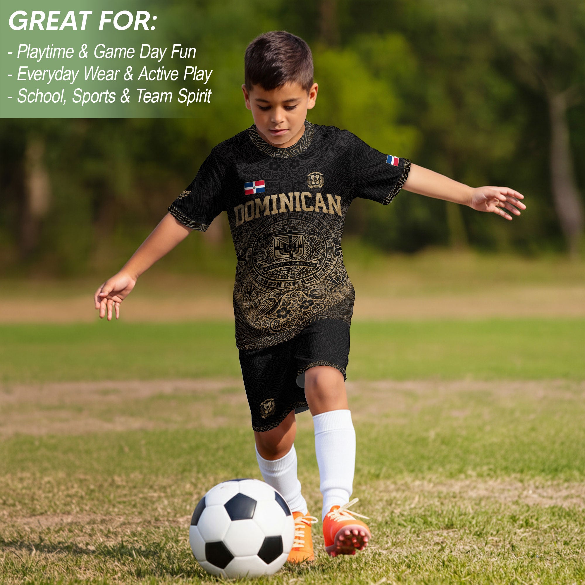 Dominican Identity Soccer Jersey Black Gold for Kids Youth, Heritage & Pride Collection