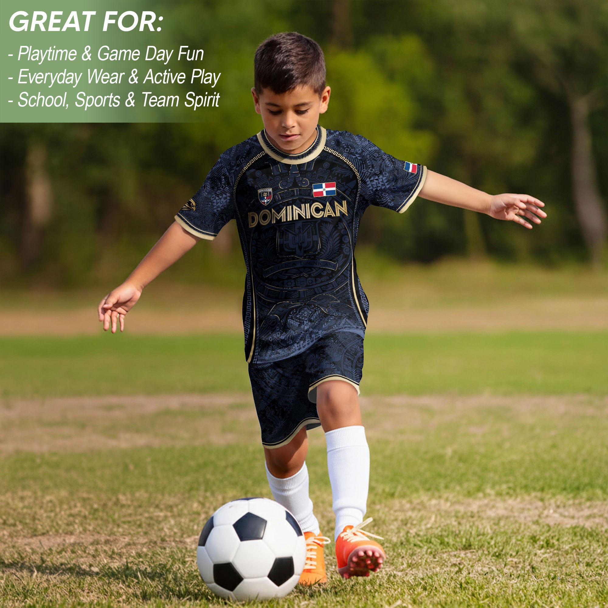 Dominican Cultural Legacy Soccer Jersey Navy Gold for Kids Youth, National Pride Apparel
