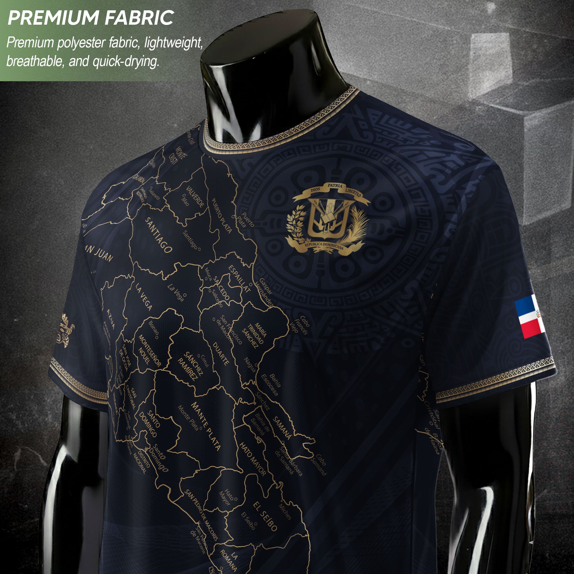 Dominican Heritage Soccer Jersey Black Gold, Cultural Pride & Identity Collection