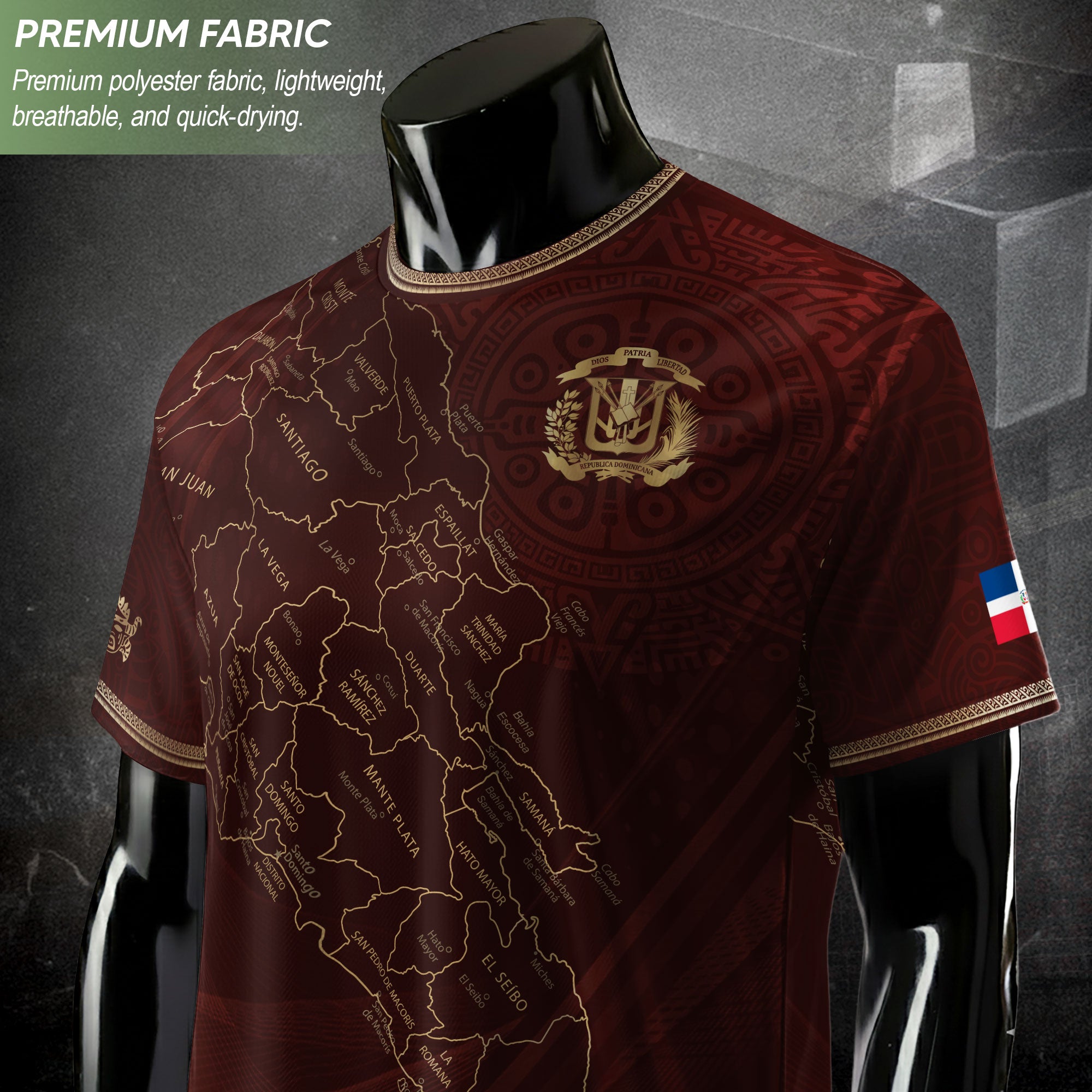 Dominican National Heritage Soccer Jersey Maroon Gold, Pride-Inspired Football Apparel