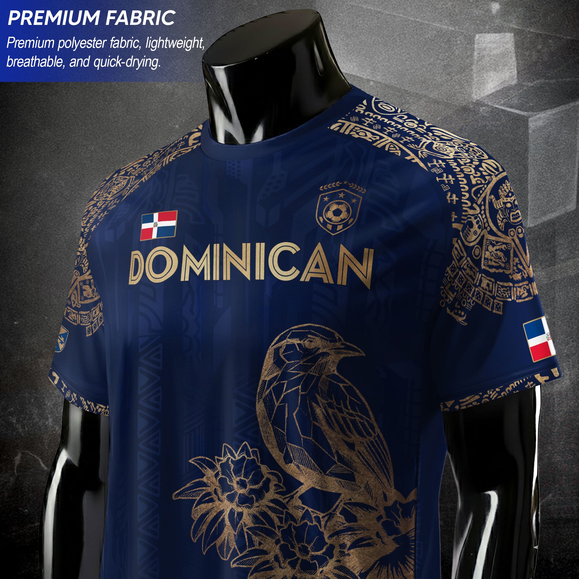 Dominican Republic Heritage Navy Gold Athletic Bird Flower Soccer Jersey