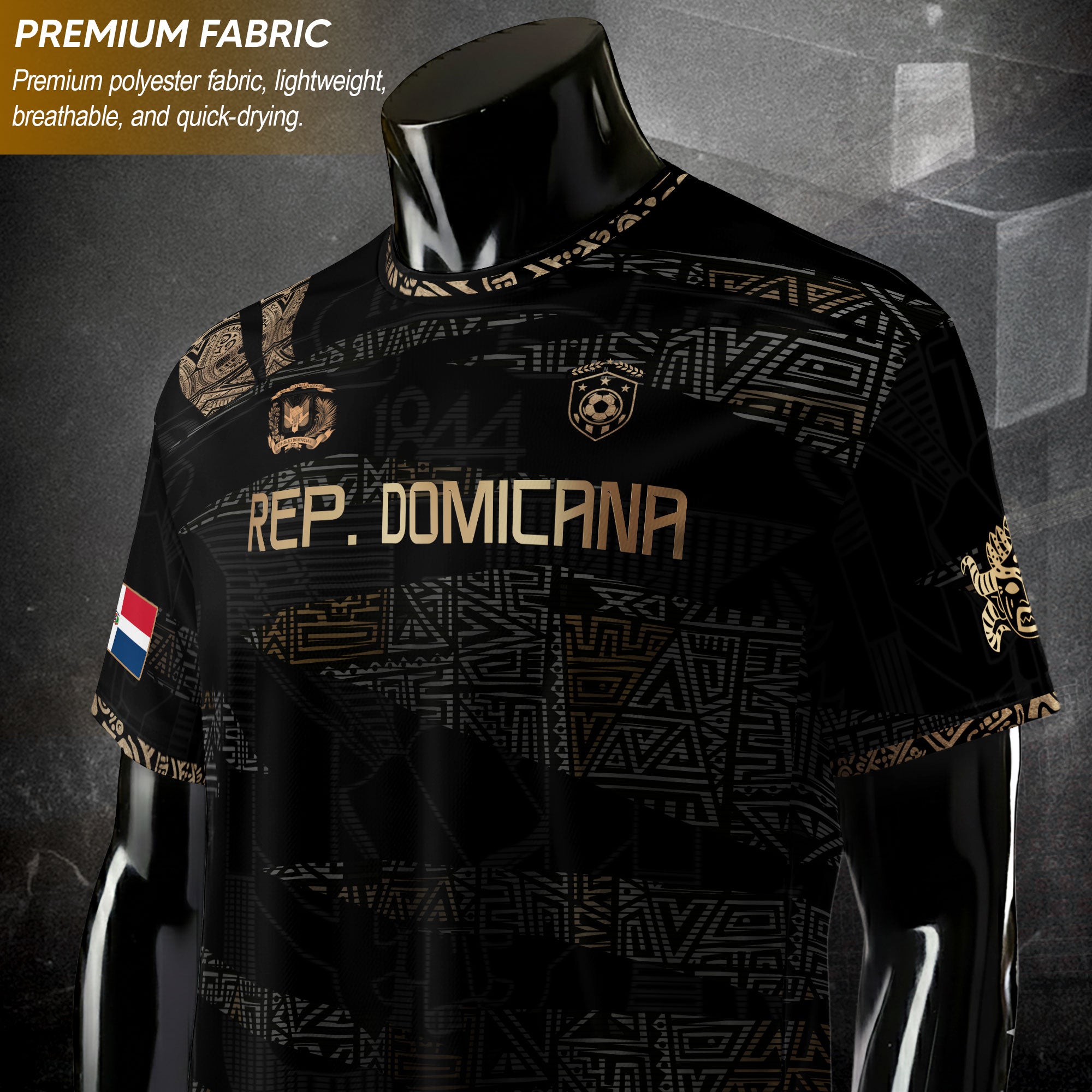 Dominican Republic Heritage Black Gold Athletic Geometric Soccer Jersey