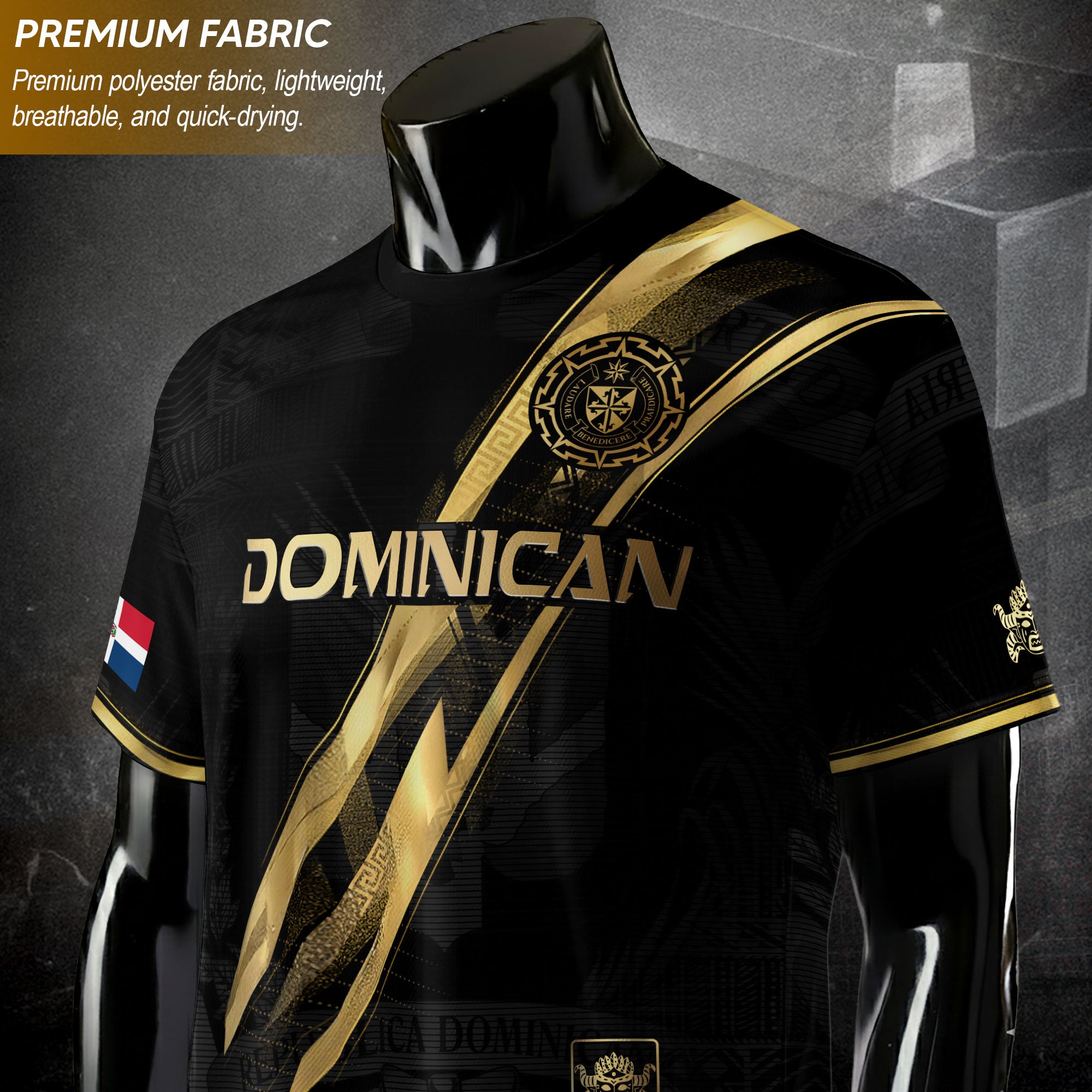 Dominican Republic Black Gold Premium Geometric Pattern Cultural Pride Soccer Jersey