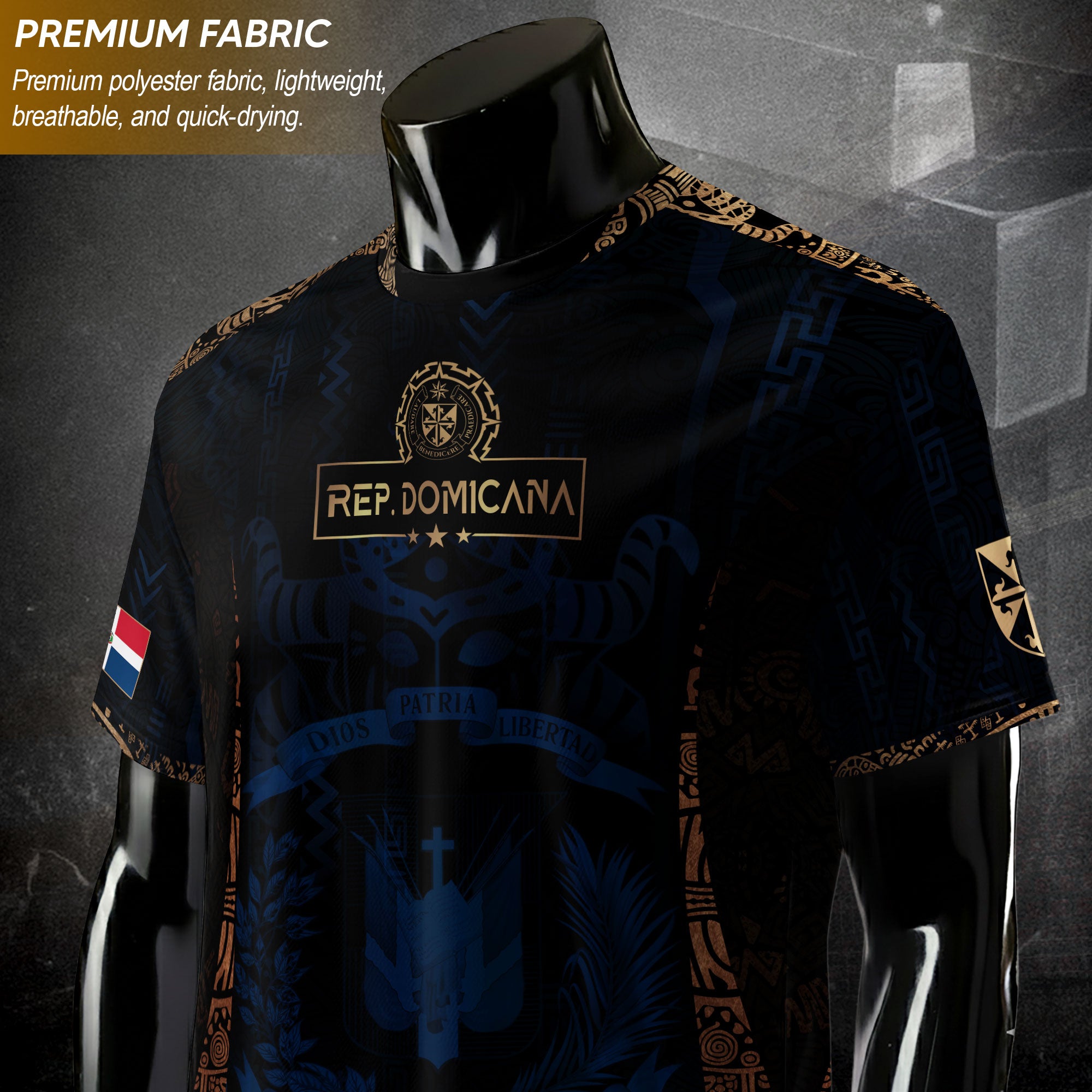 Dominican Republic Heritage Dark Navy Gold Athletic Carnival Mask Soccer Jersey