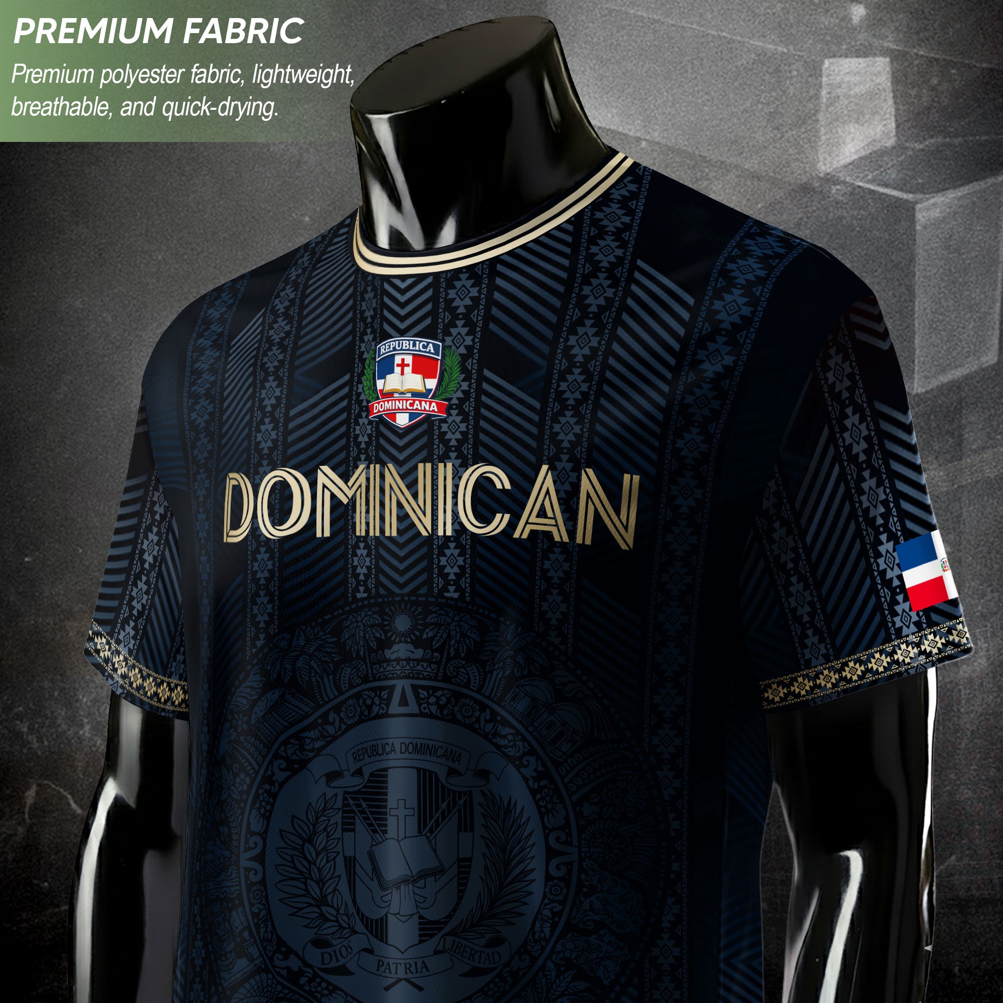 Dominican National Pride Soccer Jersey Navy Gold, Heritage Inspired Cultural Design