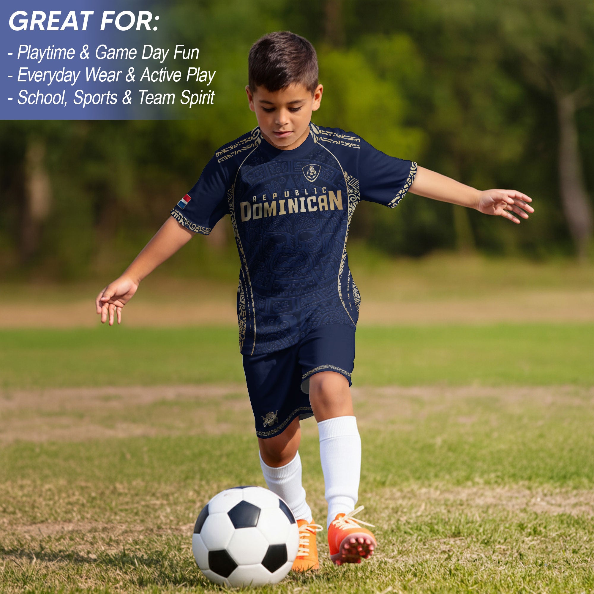 Dominican Republic Kids Youth Heritage Navy Gold Taino Mask National Soccer Jersey