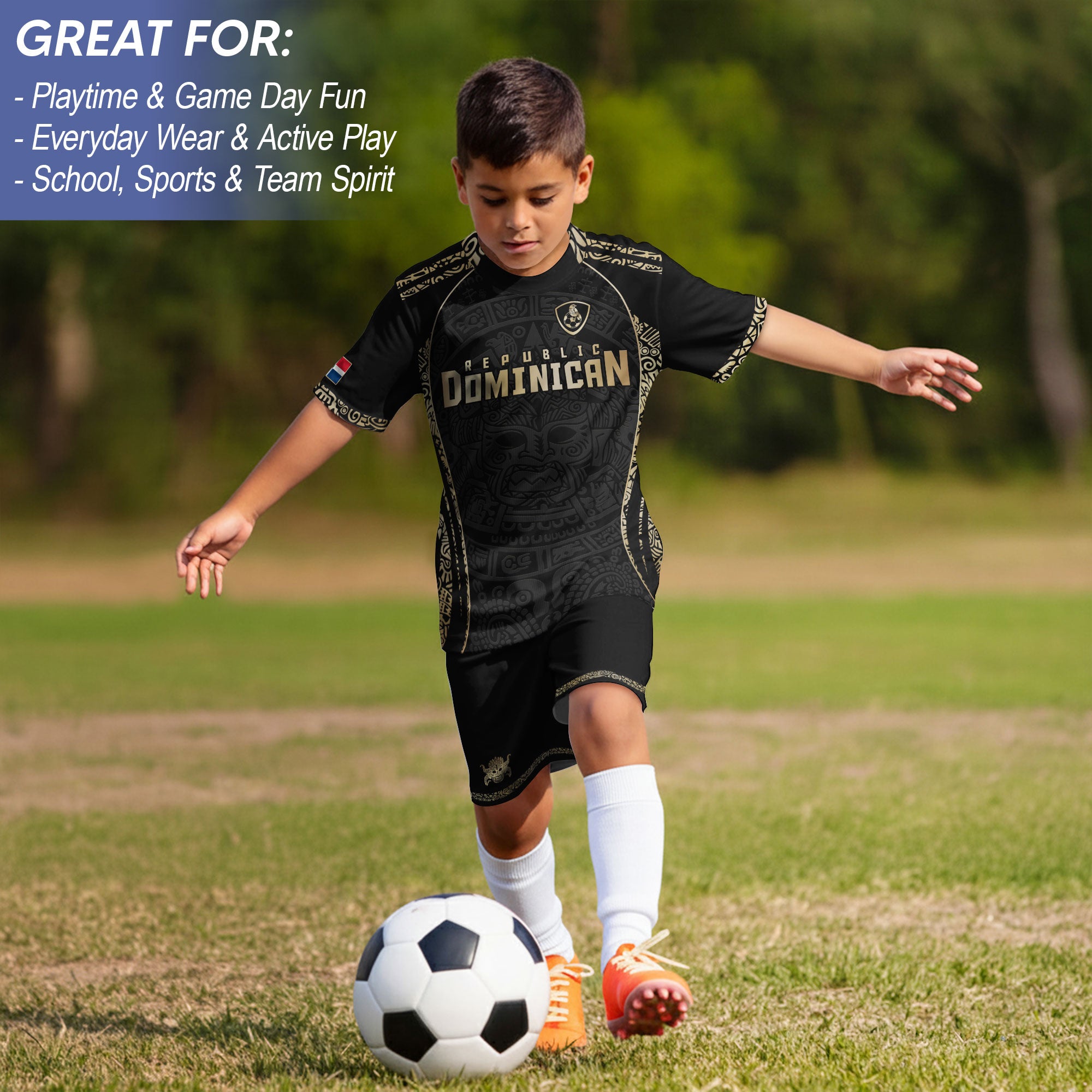 Dominican Republic Kids Youth Heritage Black Gold Taino Mask National Soccer Jersey