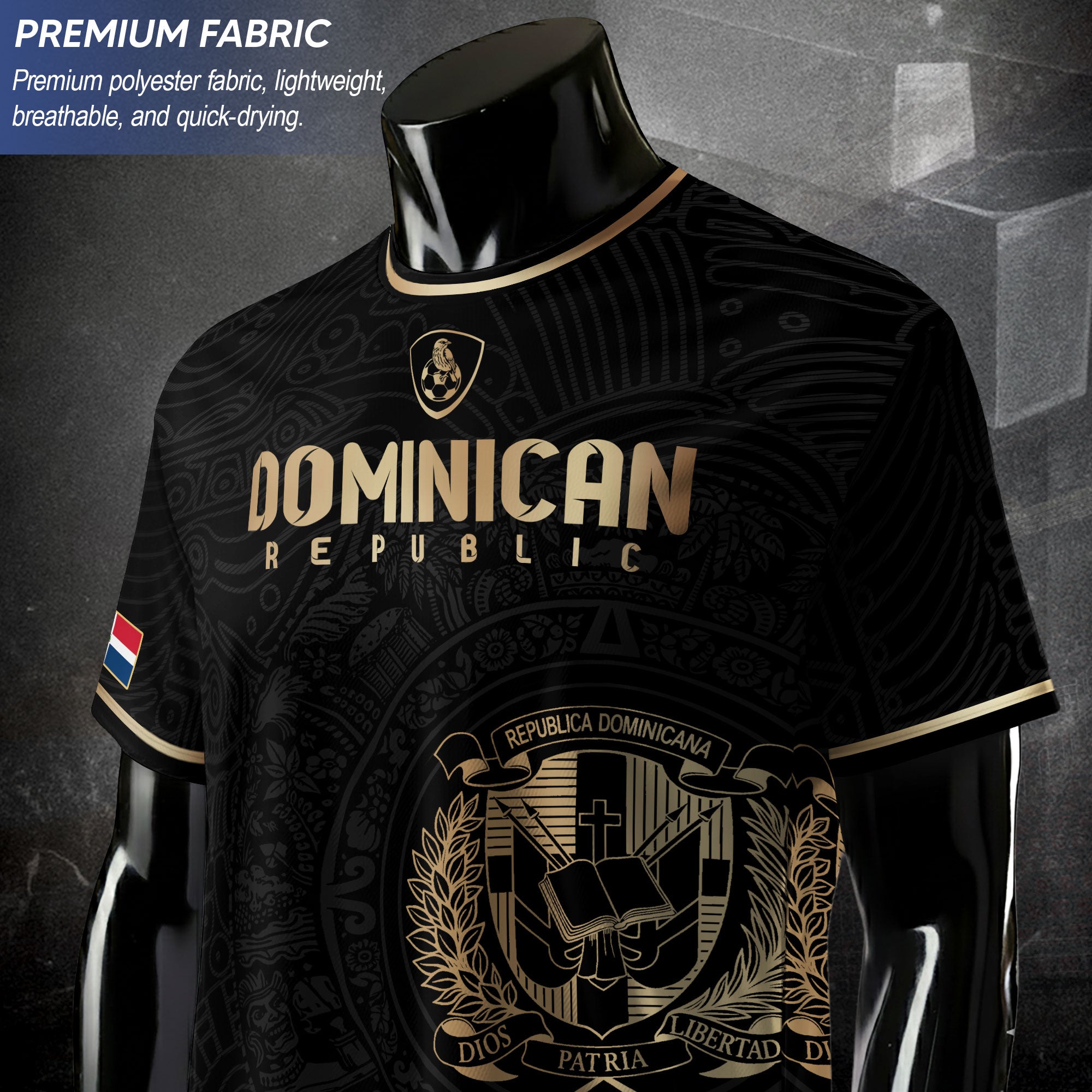 Dominican Republic Black Gold Flag Emblem Graphic National Heritage Soccer Jersey