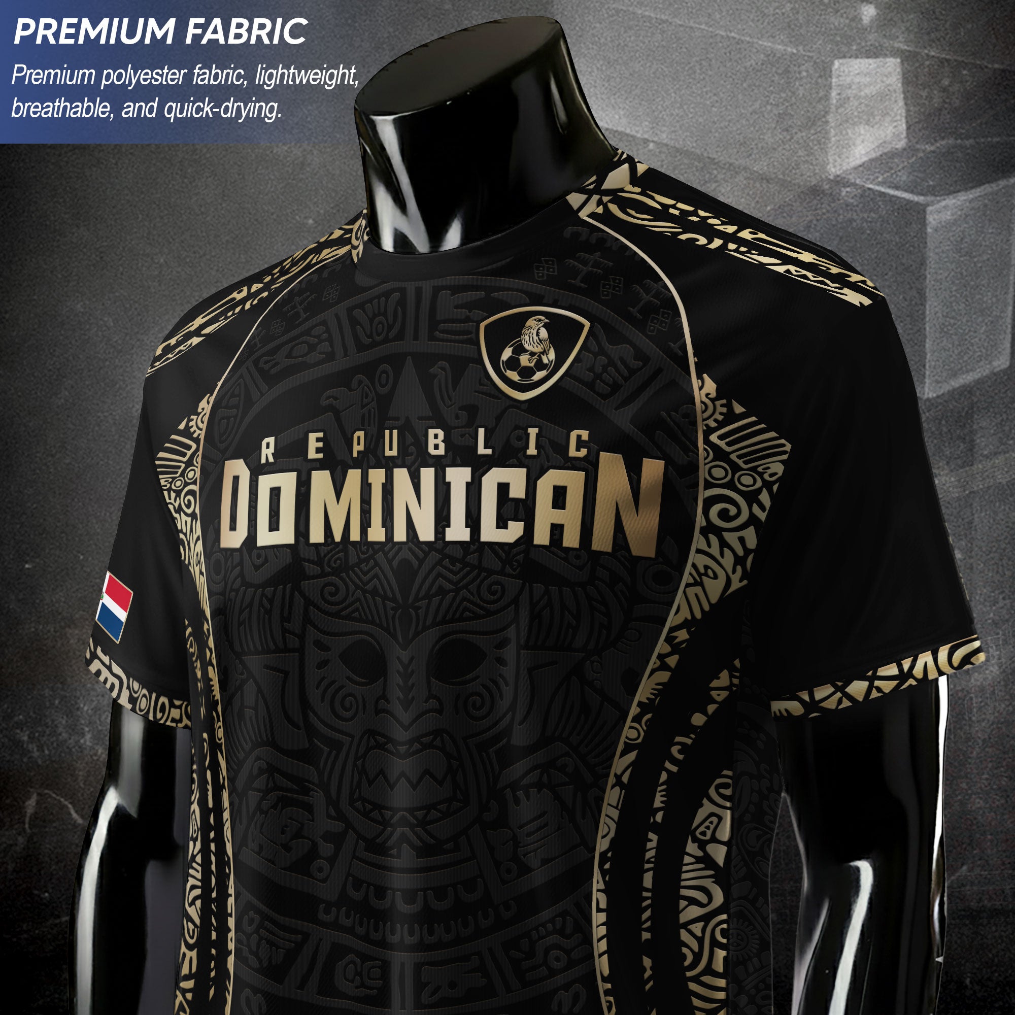 Dominican Cultural Heritage Soccer Jersey Black And Gold, National Pride Collection
