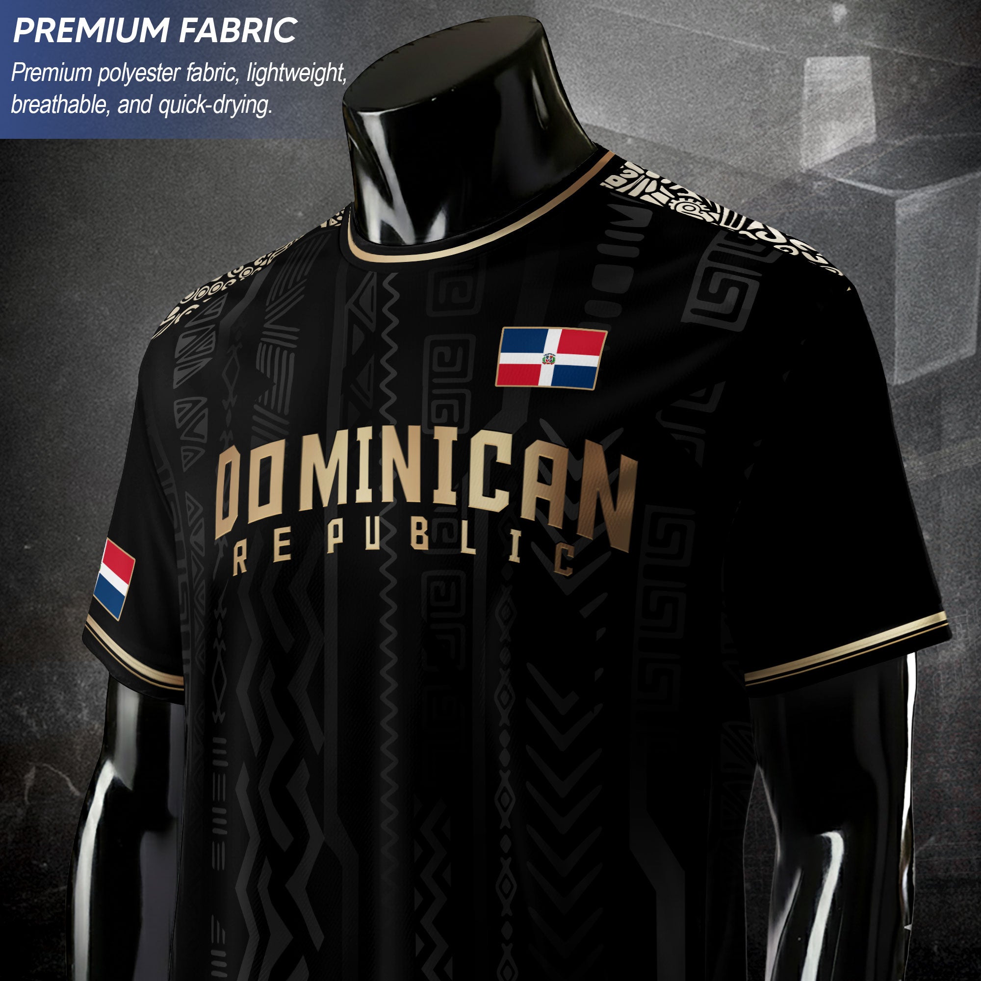 Dominican Republic Coat of Arms Tribal Black Gold National Pride Soccer Jersey