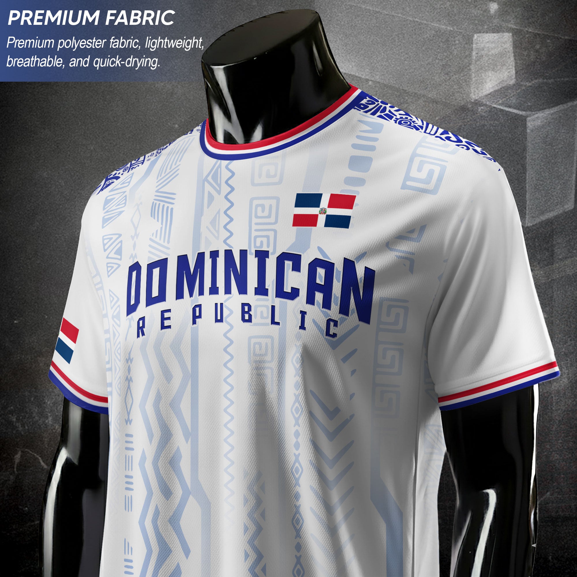 Dominican Republic White Blue Red National Symbol Tribal Pattern Pride Soccer Jersey