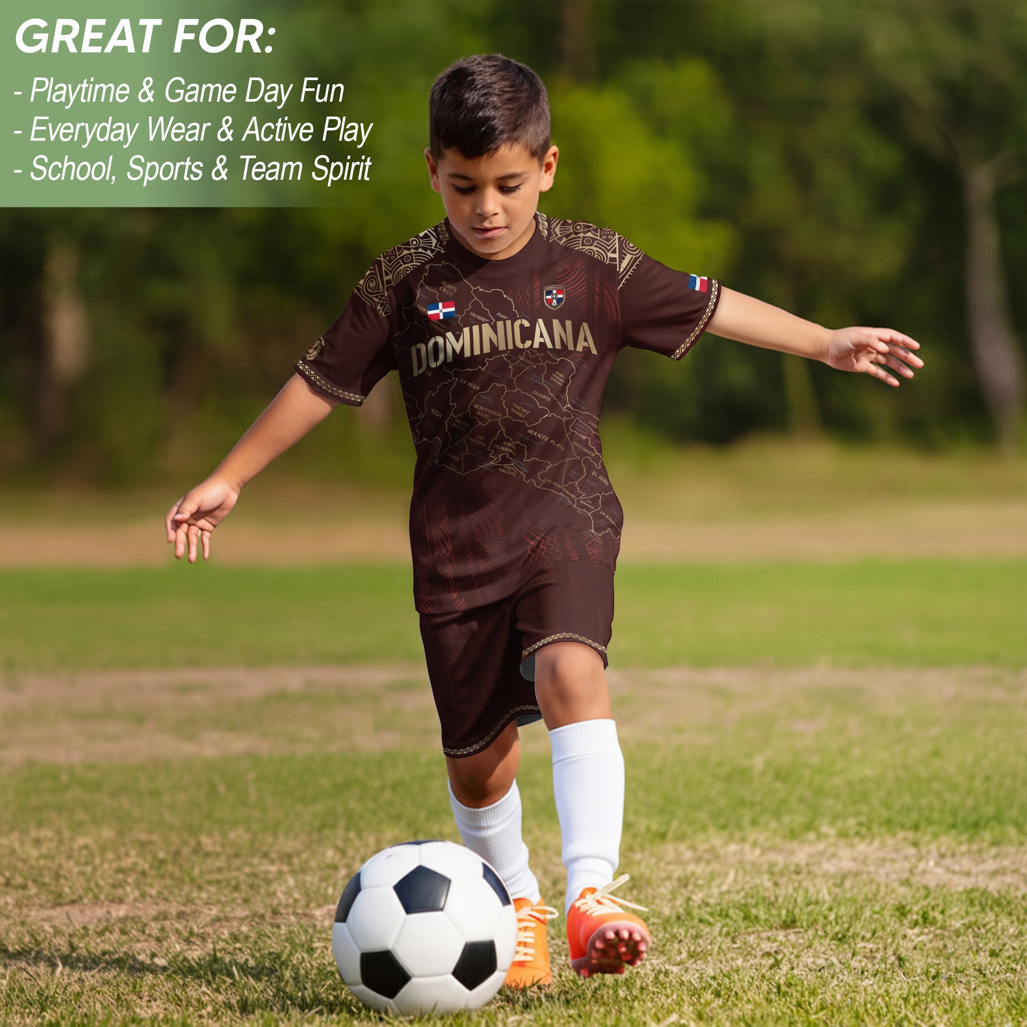 Dominican Republic Kids Youth Heritage Maroon Gold Map National Pride Soccer Jersey